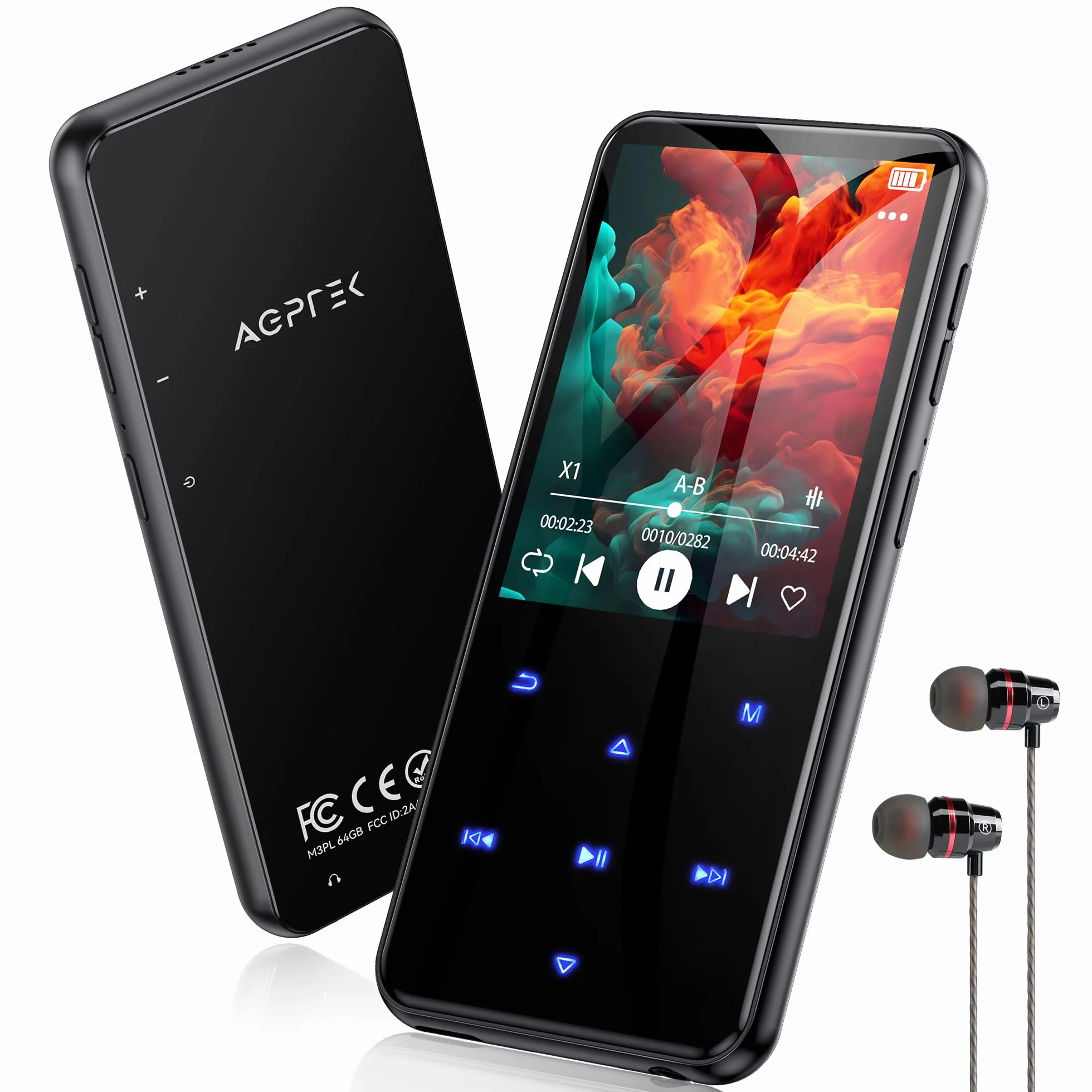 AGPTEK MP3 Bluetooth 64Go 2.4" Écran Métal Lecteur MP4 Baladeur Sport Radio FM Enregistreur Noir