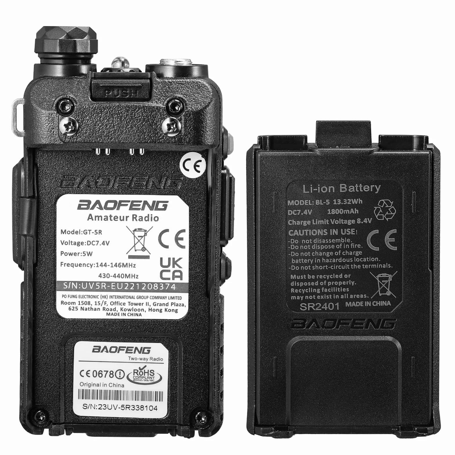 BAOFENG GT-5R Talkie Walkie Radio Double Bande 144-146/430-440 MHz 128 Canaux Batterie 1800 mAh 2PCS