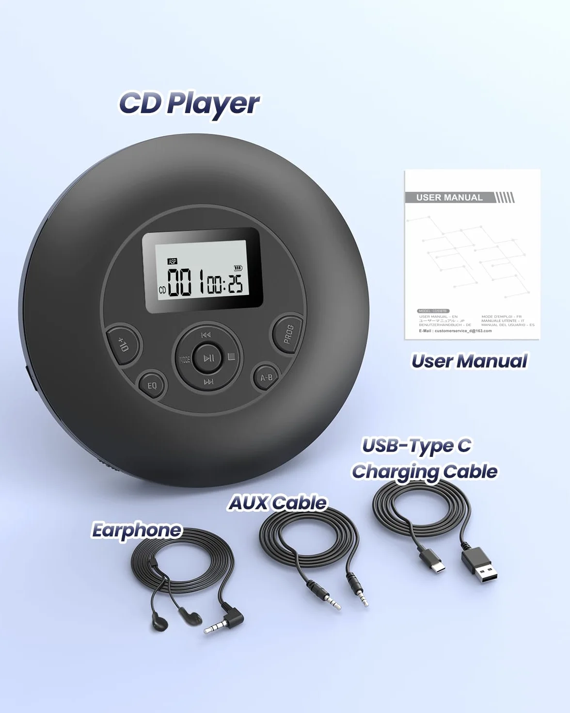 DESOBRY Lecteur CD Portable Rechargeable avec Casque, Écran LCD, Antichoc