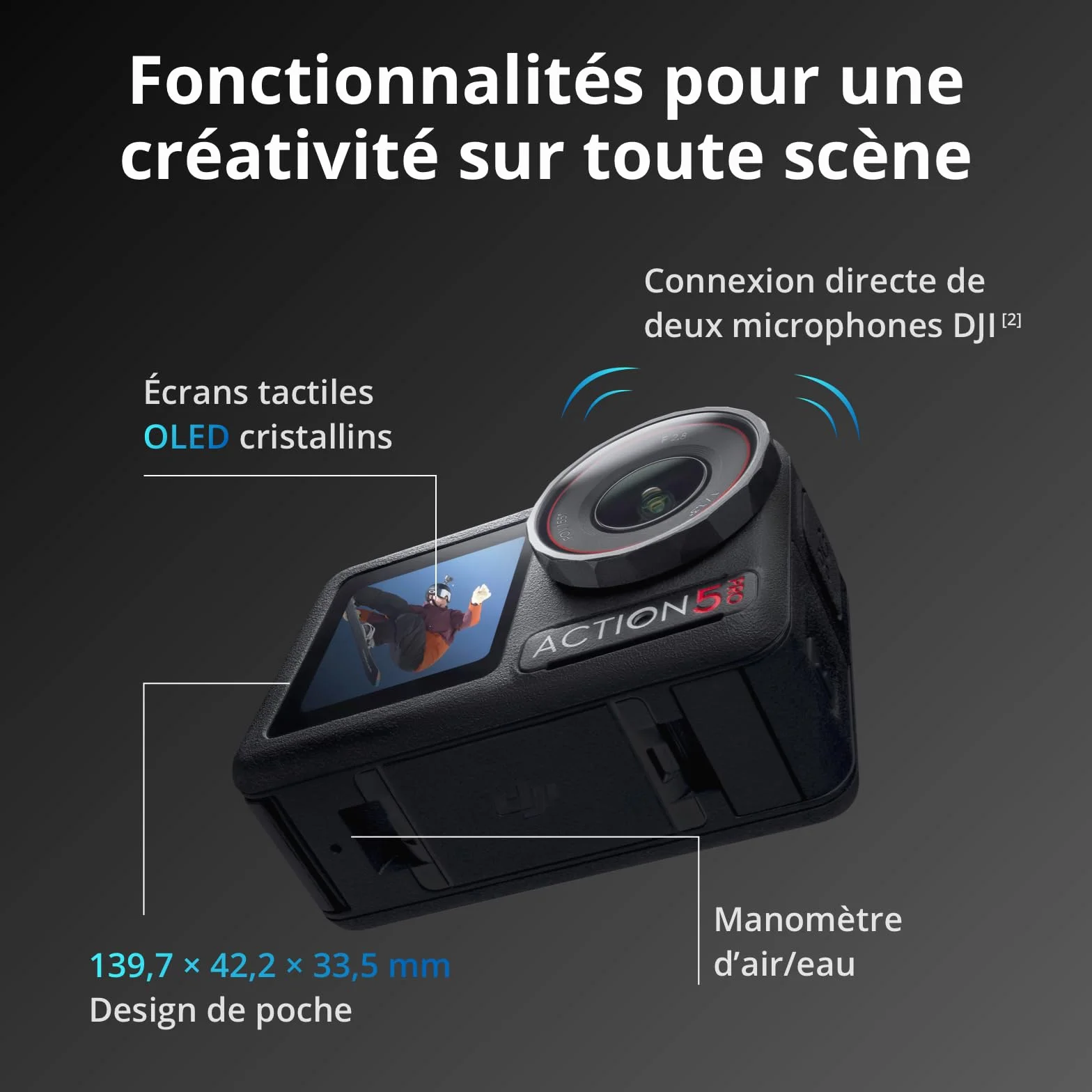 DJI Osmo Action 5 Pro Caméra d’Action 4K Étanche Capteur 1/1,3" Vidéo 4K/120 IPS Suivi de Sujet Stabilisation Double Écran Tactile OLED