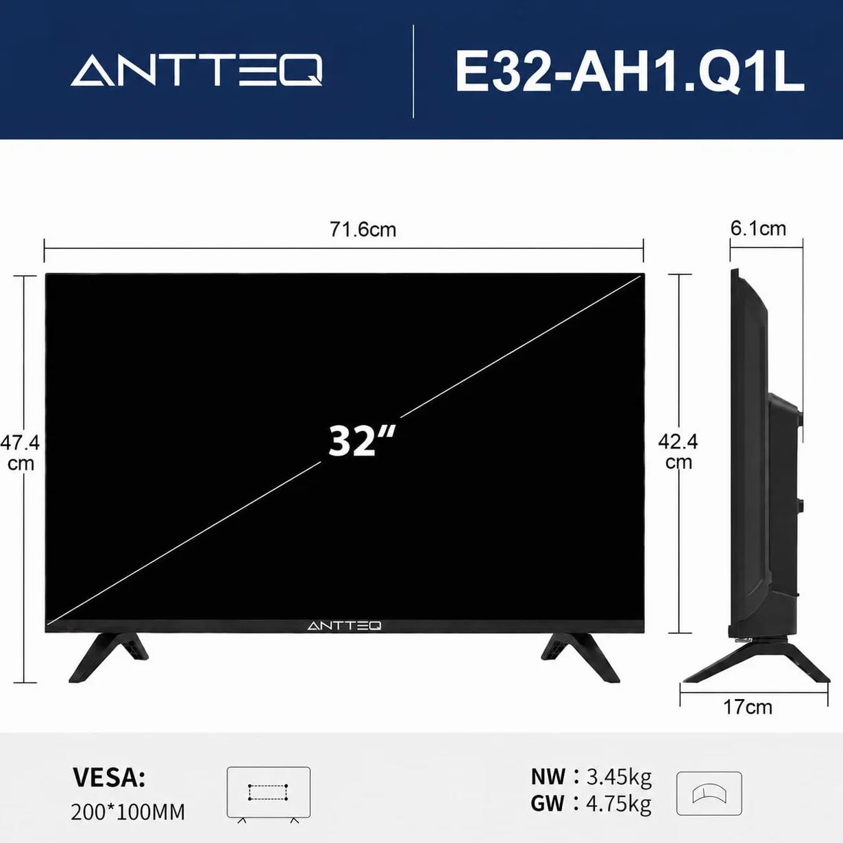 Antteq E32-AH1Q1L TV 32 Pouces 80cm LED HD Ready Triple Tuner HDMI USB Dolby Audio