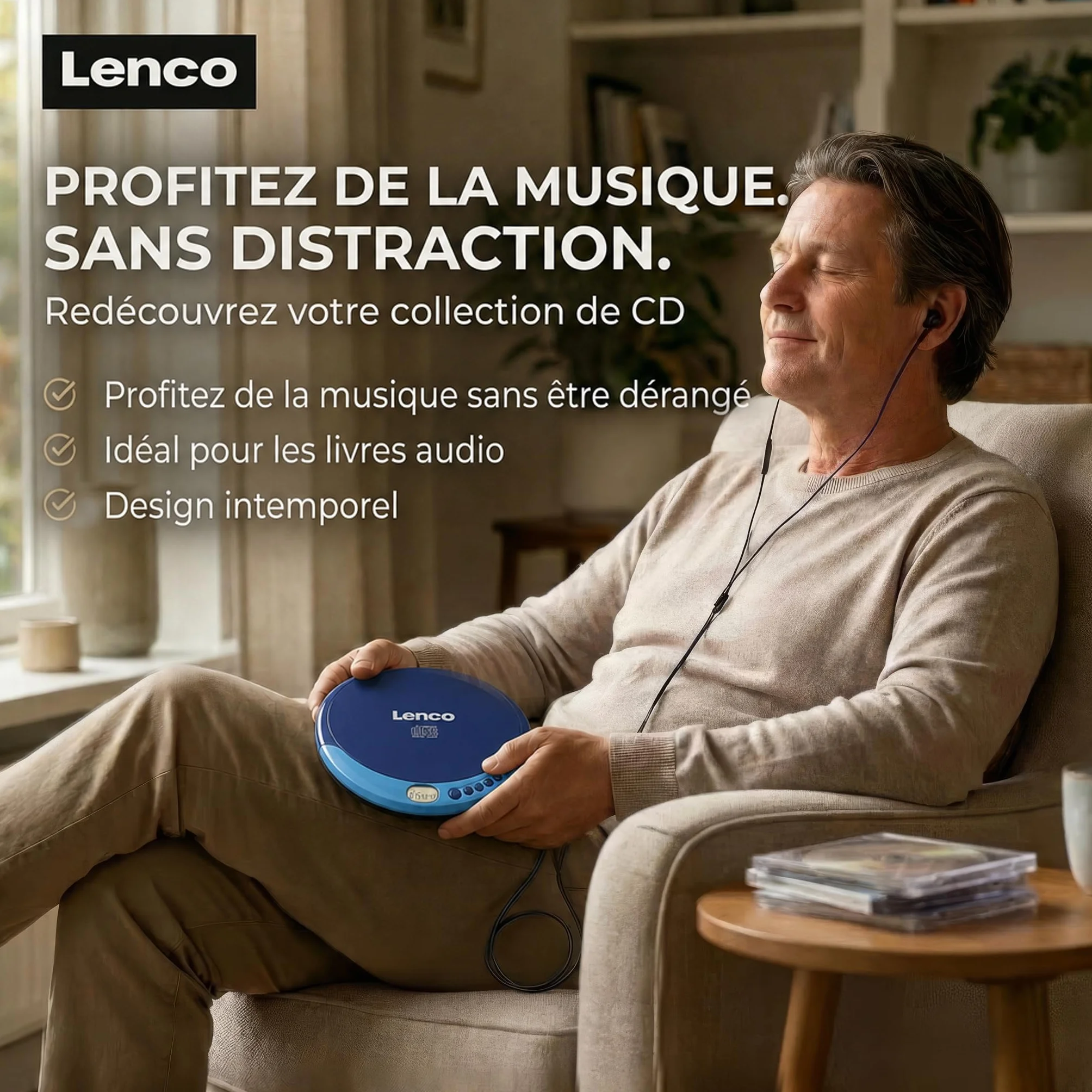 Lenco CD-011 Lecteur CD portable avec recharge batterie - Diskman CD Walkman - Écran LCD Bleu