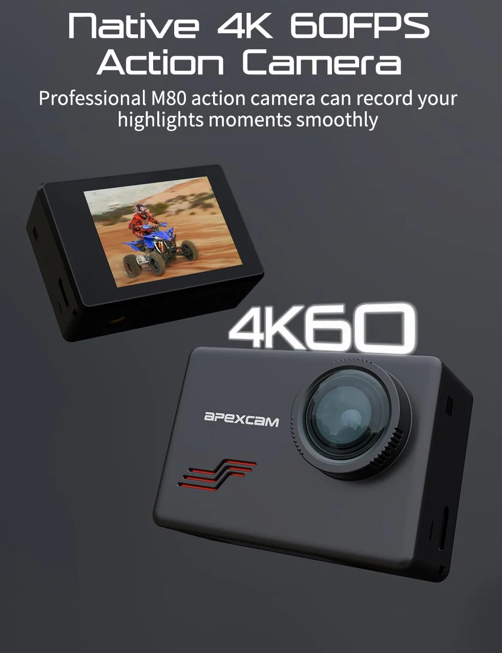 Apexcam Caméra Sport 4K 60FPS 64MP Étanche 40M Action Cam WiFi avec Micro SD 64GB Écran Tactile Stabilisateur EIS M80