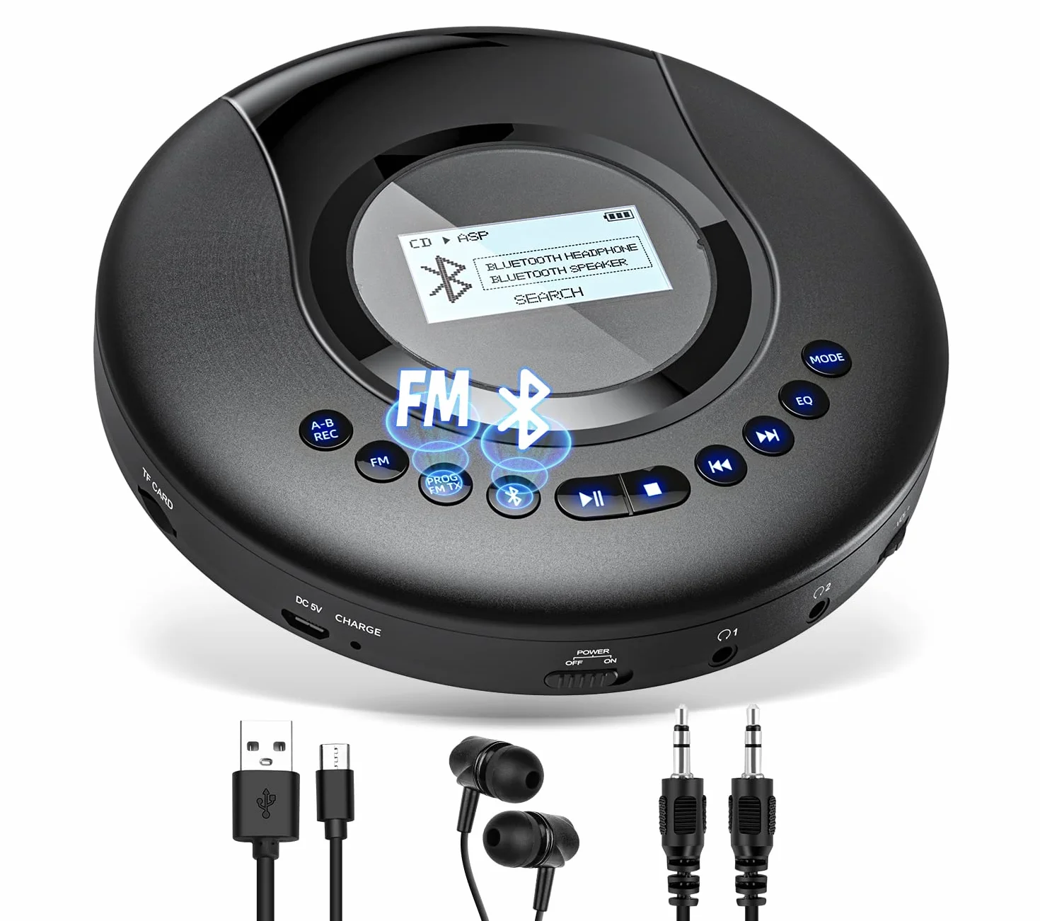 Lecteur CD Portable Bluetooth Rechargeable 2000 mAh avec écran LCD Protection Antichoc FM