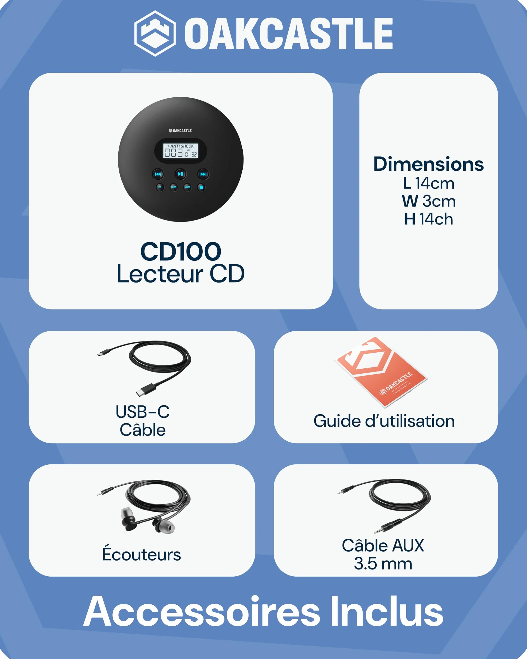 OAKCASTLE CD100 Lecteur CD Portable Bluetooth avec Batterie Rechargeable 12 Heures Antichoc