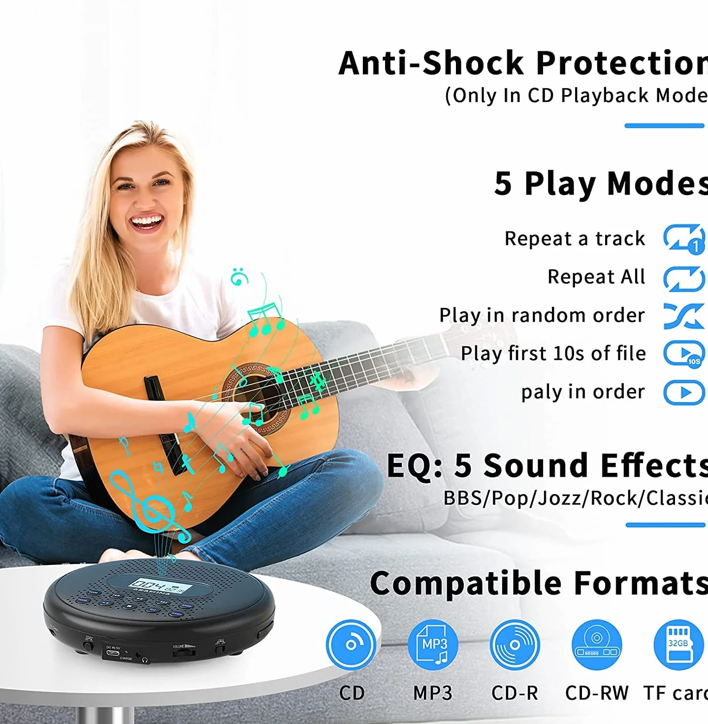 Lecteur CD Portable Arafuna avec Batterie Lithium 1400 mAh, Protection Anti-Saut, Casque et câble AUX