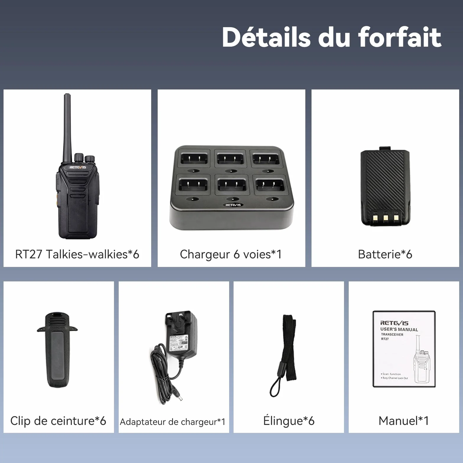 Retevis RT27 Talkie Walkies Professionnel, Longue Portée Rechargeable RMR 446 sans Licence, Radio Bidirectionnelle (6 Pièces)