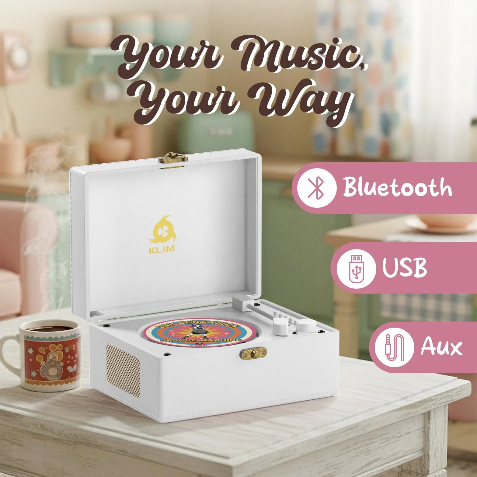 KLIM Retro CD Player Lecteur CD Vintage Bluetooth AUX USB Batterie Rechargeable Design Platine Vinyle Blanc