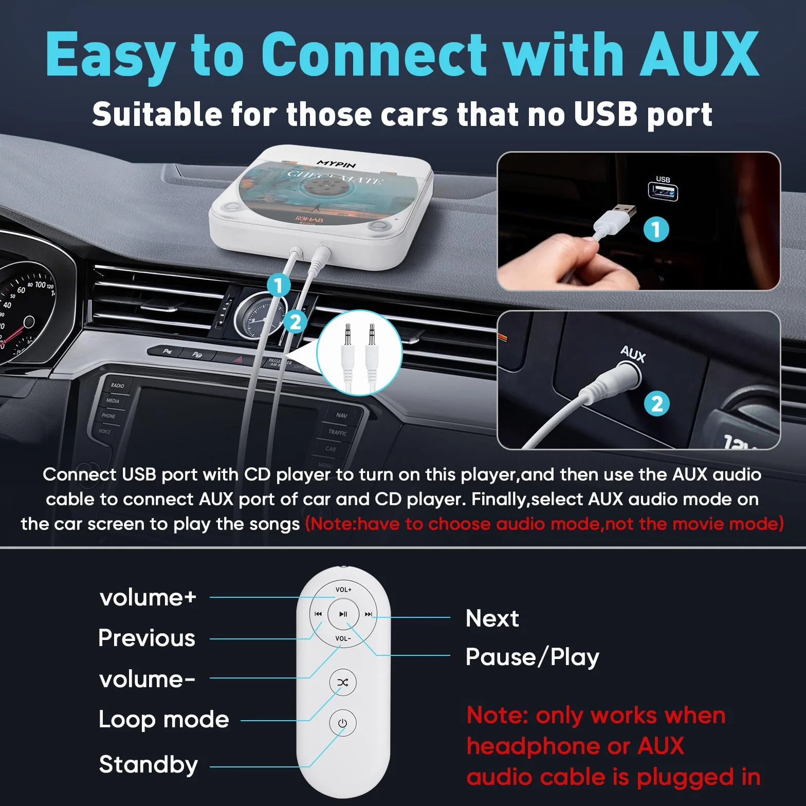 Lecteur CD Portable USB AUX Externe Compatible Autoradio Ordinateur Téléviseur Universel CD CD-MP3