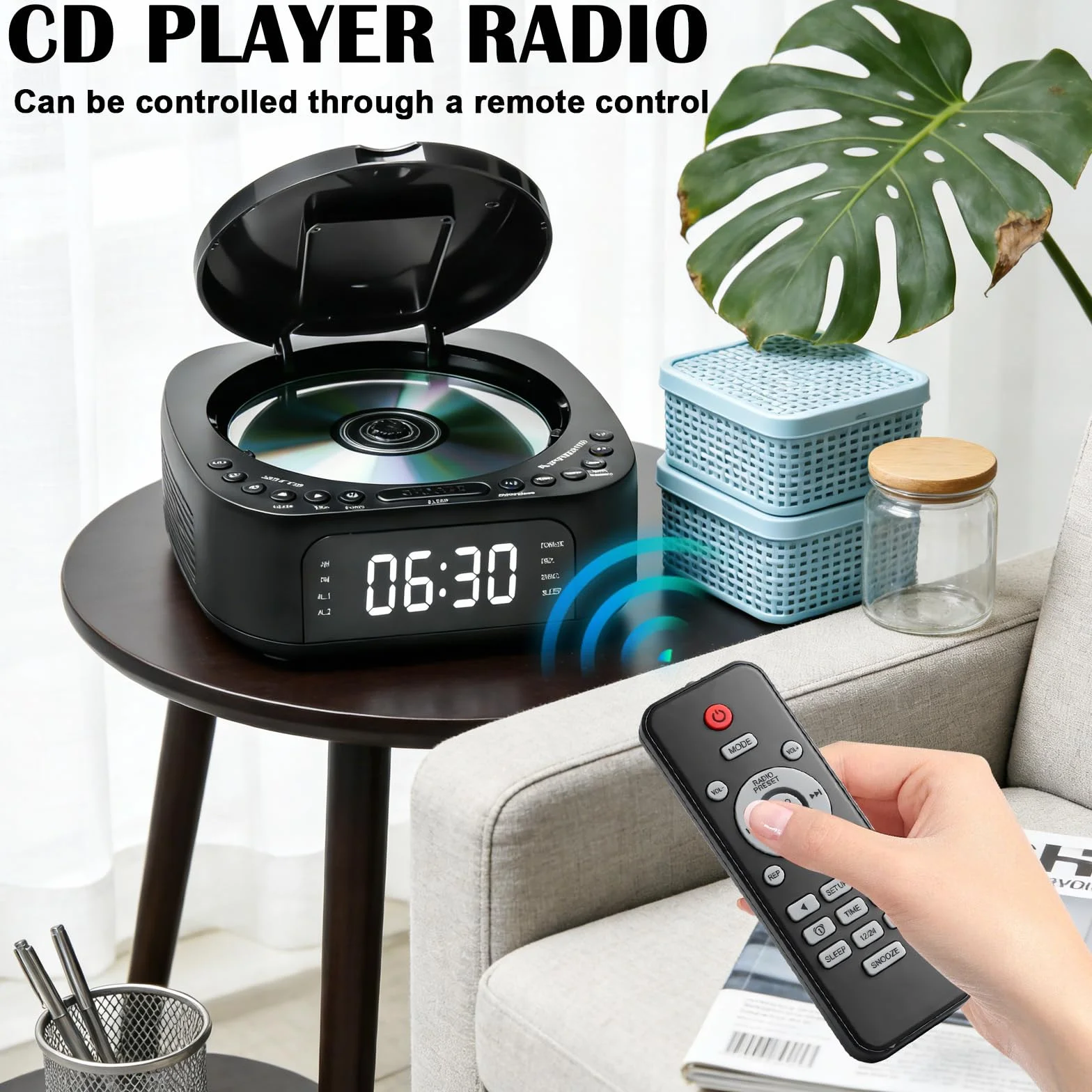 Lecteur CD portable Bluetooth radio FM MP3 double haut-parleur stéréo réveil SleepTimer rechargeable USB AUX grand écran télécommande noir