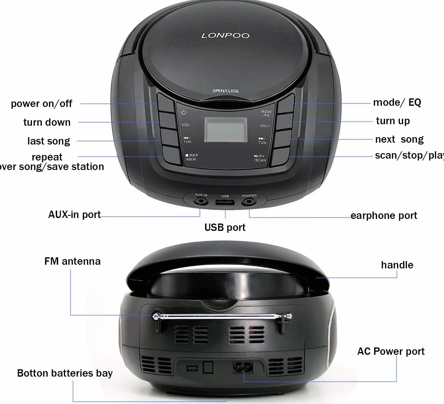 Lecteur CD Bluetooth LP-D03 Radio FM Portable Stéréo MP3 USB AUX