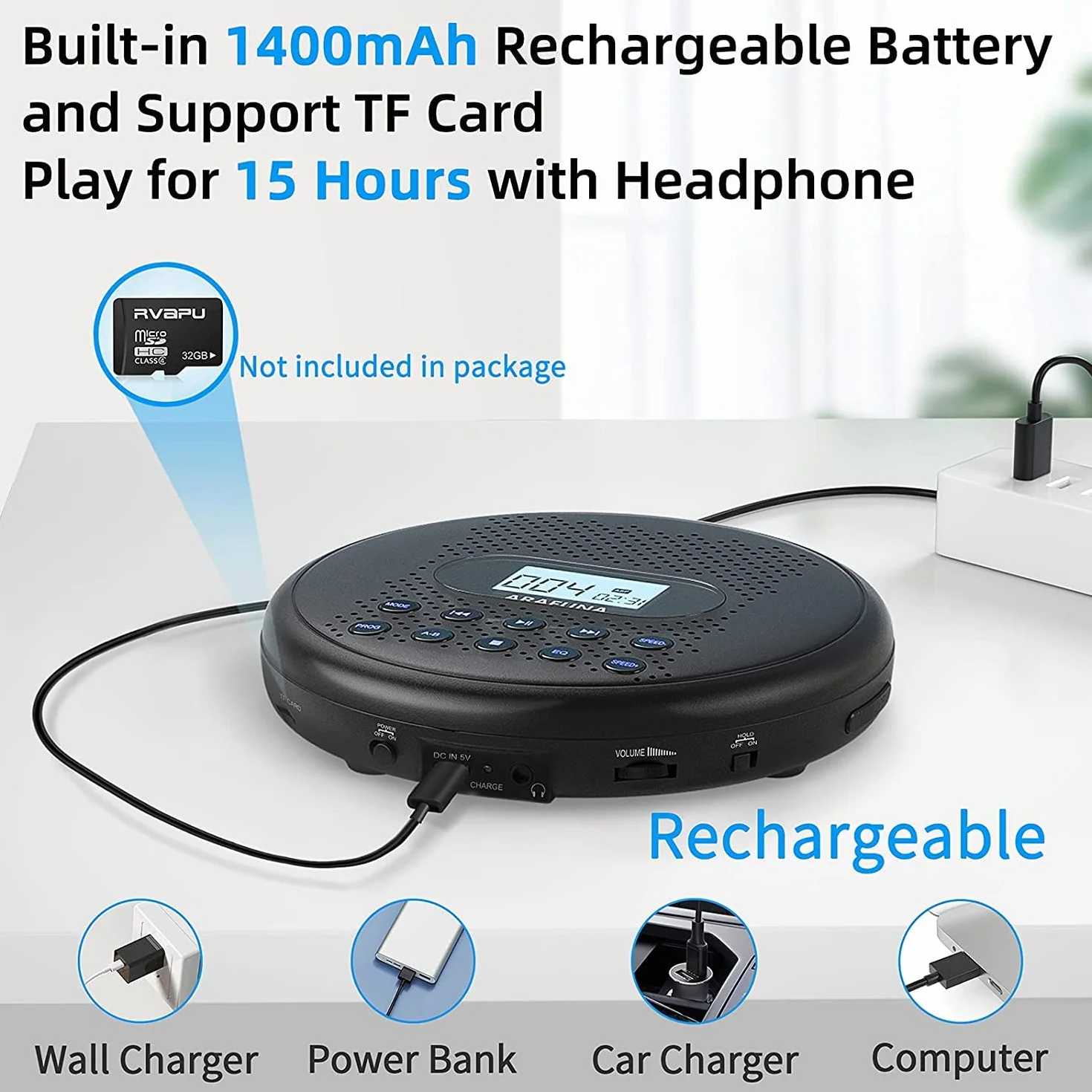 Lecteur CD Portable Arafuna avec Batterie Lithium 1400 mAh, Protection Anti-Saut, Casque et câble AUX