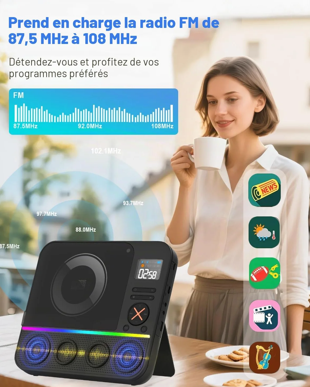 Lecteur CD Portable Bluetooth avec Radio FM, Écran LED RVB, Double Haut-Parleur, Compatible USB/AUX