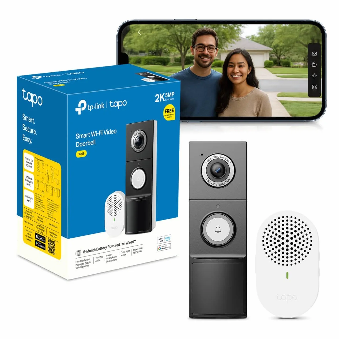 Tapo D235 Sonnette sans Fil avec Caméra 2K+ 5MP IP66 Étanche 180° Vision Ultra-Large Vision Nocturne Couleur Audio Bidirectionnel Détection AI
