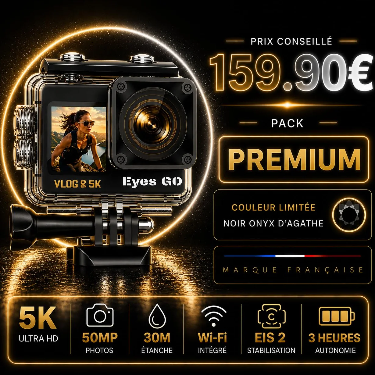 Caméra Sport 5K30fps 4K60fps 120fps 50MP 2 Écrans Tactile Vlog Télécommande Micro 360° Stabilisateur E.I.S 2.0 Étanche 30M Carte SDXC 64Go 2x1350mAh