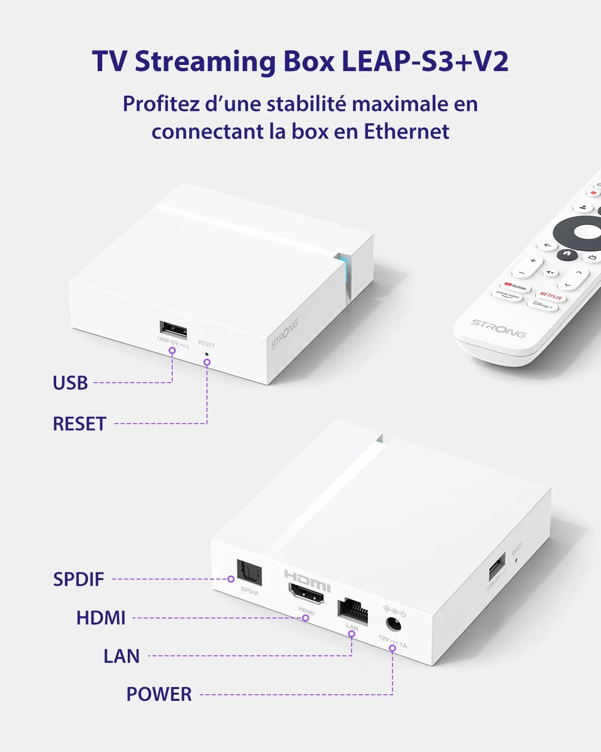 STRONG Leap-S3+V2 Streaming Box Google TV 4K UHD Ethernet 2GB RAM 16GB WiFi 5 HDR10+ Dolby Audio Dolby Vision Blanche