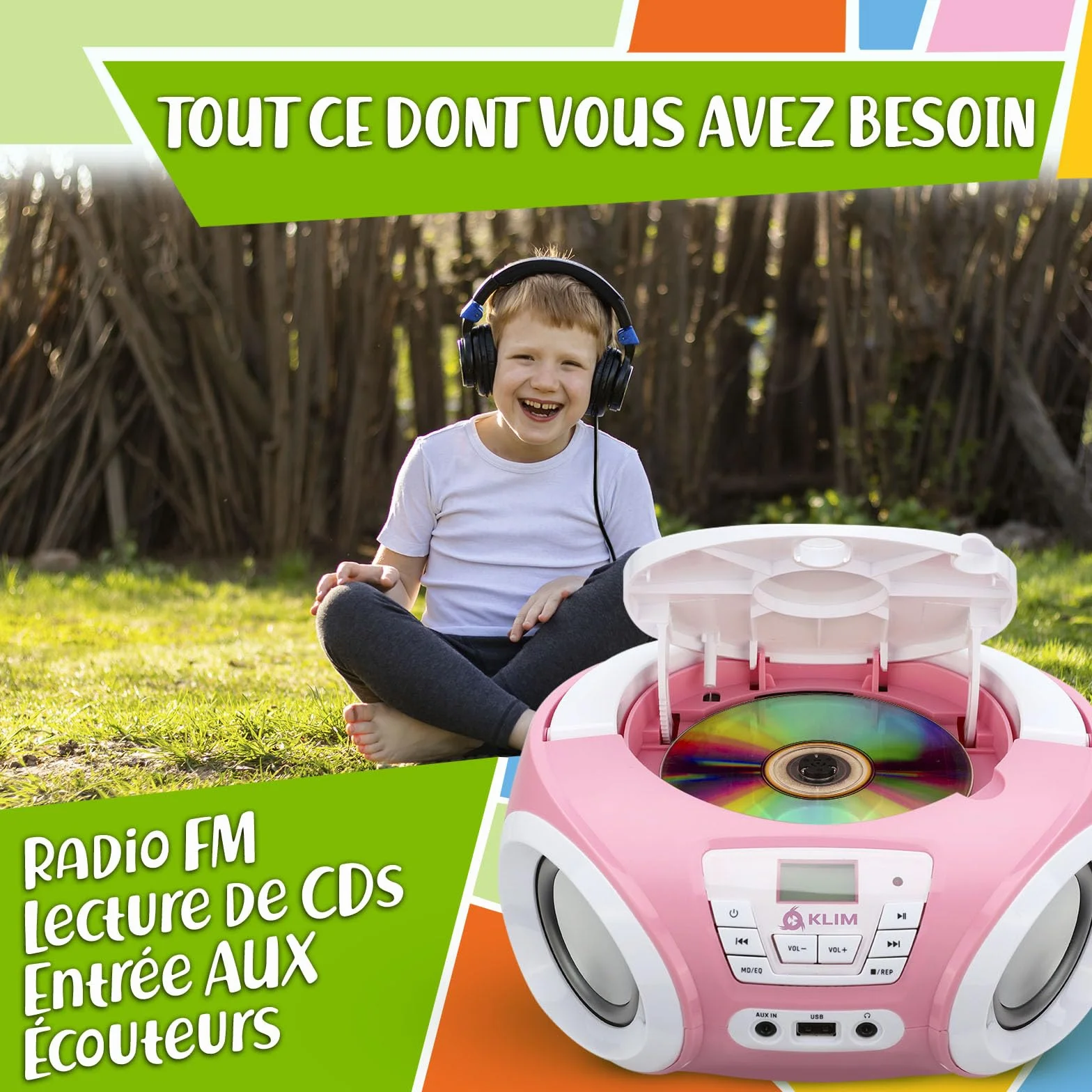 KLIM Candy Lecteur CD Enfant Radio FM Rose avec Haut-parleurs