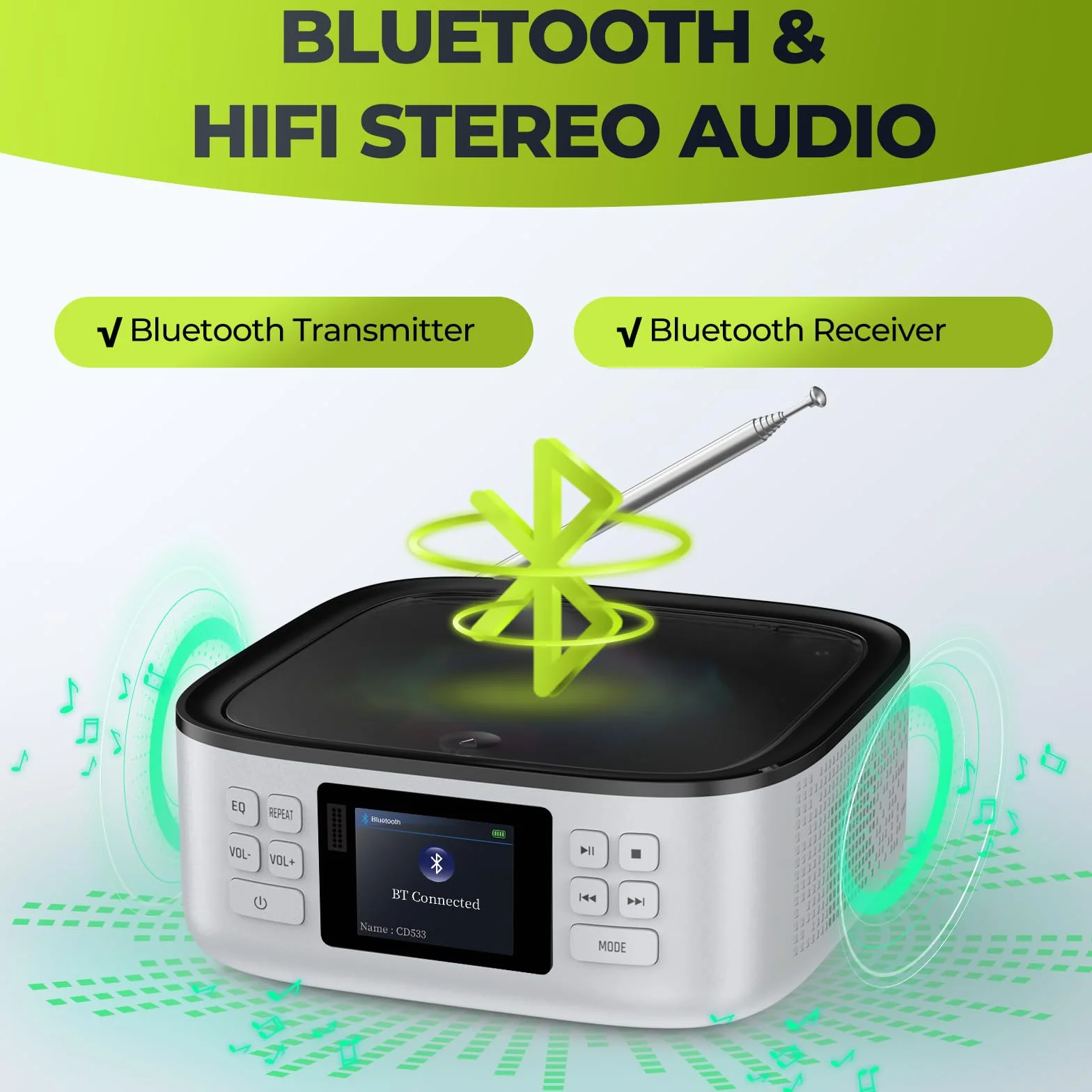 ARAFUNA Lecteur CD Portable Bluetooth Rechargeable avec Haut-parleurs, Radio FM, USB, AUX, écran LED Couleur, télécommande