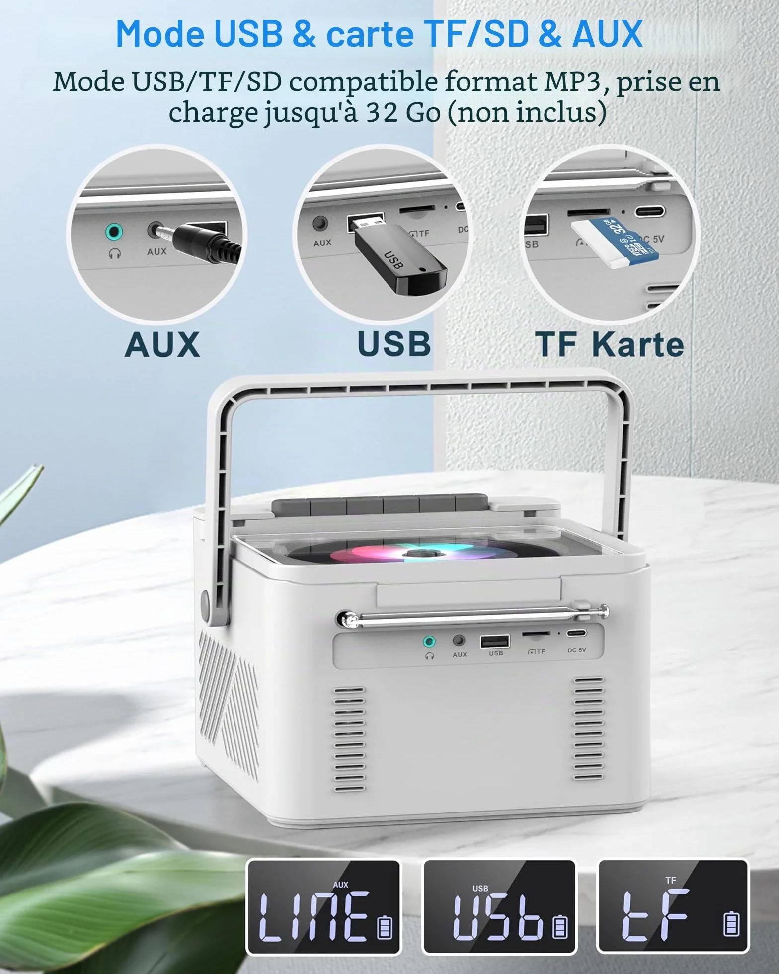 Greadio Lecteur CD Portable Bluetooth Radio FM AUX USB SD Card Batterie Rechargeable 5000mAh Haut-Parleurs 5W écran LED Blanc