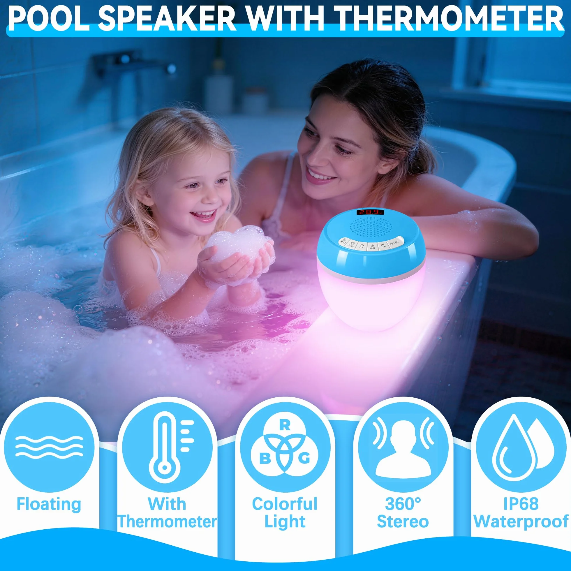 AearKing 3 en 1 Enceinte Bluetooth Piscine Flottante IP68 Étanche avec Thermomètre Numérique et Lumière, TWS Stéréo