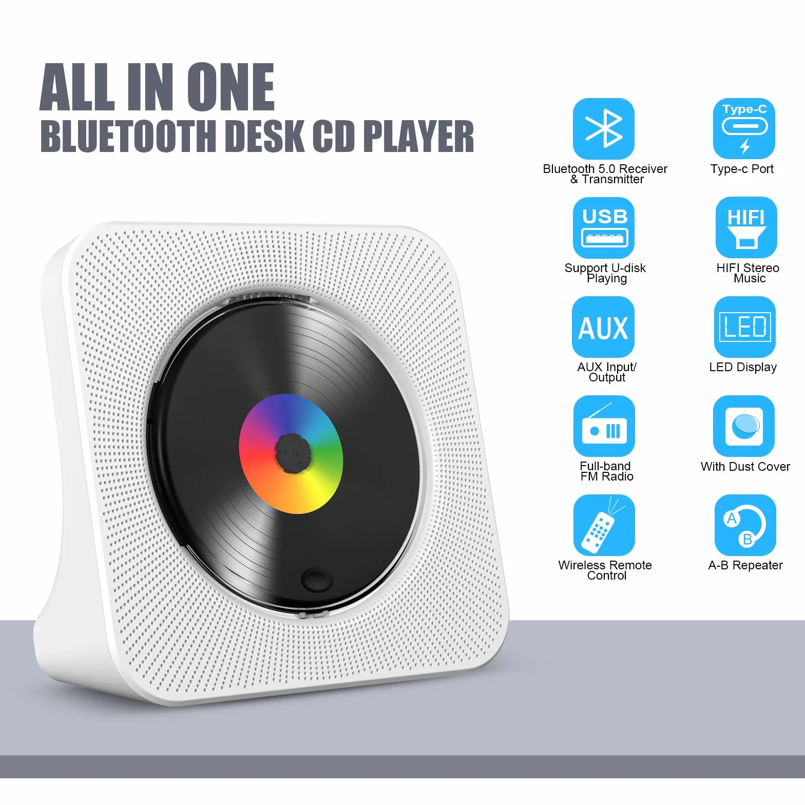Lecteur CD de Bureau avec Bluetooth Gueray Haut-parleurs HiFi Intégrés Écran LED Radio FM USB Type-c MP3 Blanc