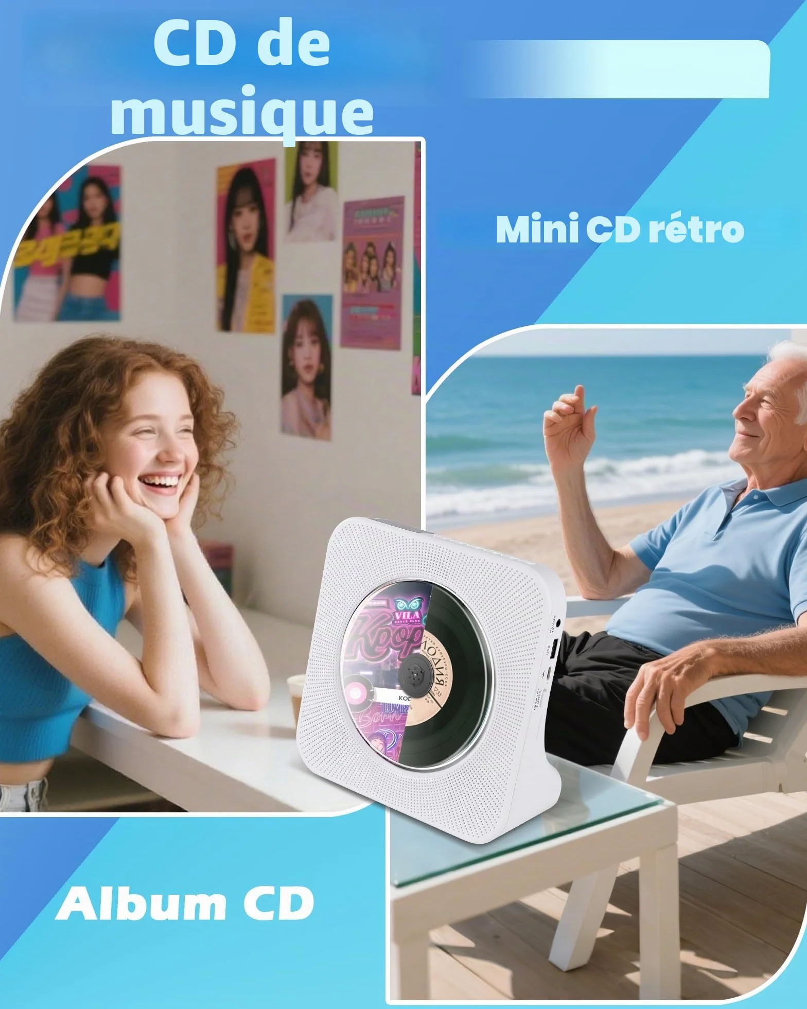 Lecteur CD Portable Rechargeable Bluetooth HiFi avec USB AUX FM Radio Blanc