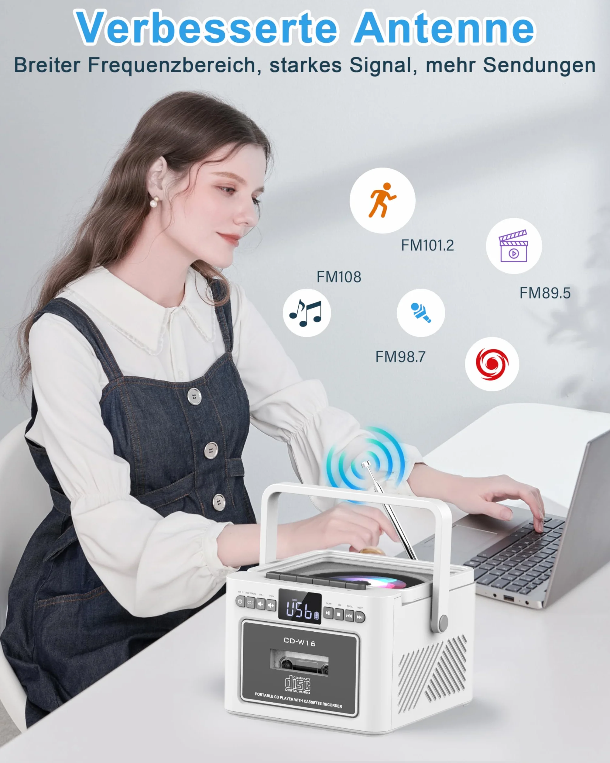 Greadio Lecteur CD Portable Bluetooth Radio FM AUX USB SD Card Batterie Rechargeable 5000mAh Haut-Parleurs 5W écran LED Blanc