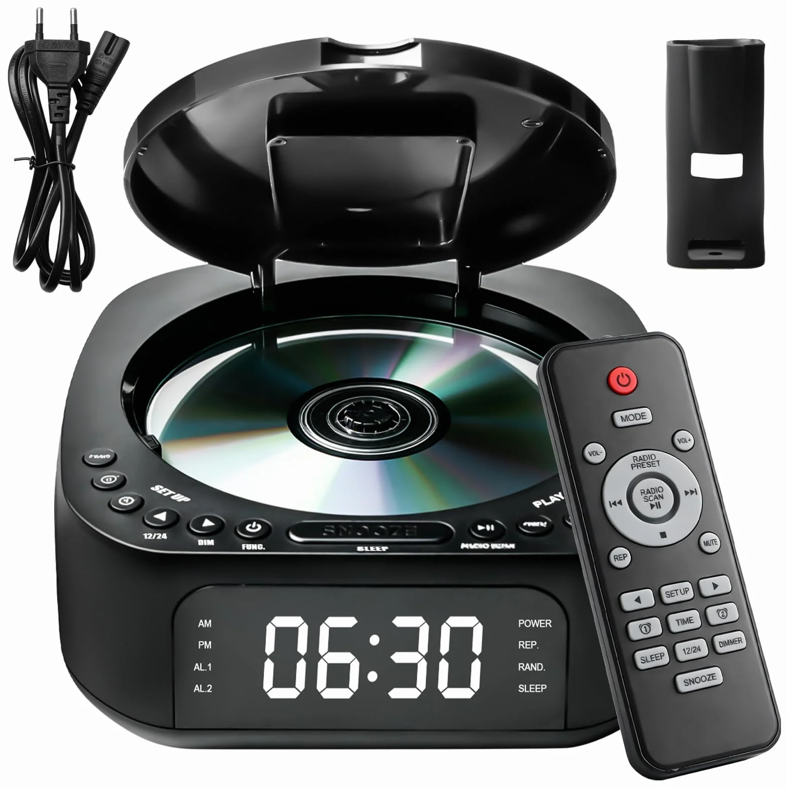 Lecteur CD portable Bluetooth radio FM MP3 double haut-parleur stéréo réveil SleepTimer rechargeable USB AUX grand écran télécommande noir
