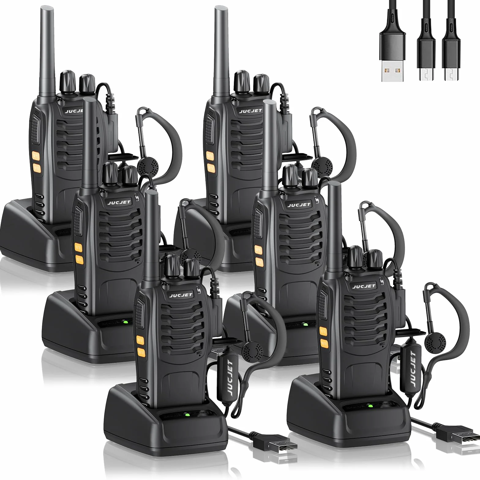 Walkie Talkie PMR446 16 Channel Handheld Radio Built-in LED Torch USB Headset Black 6 Pack