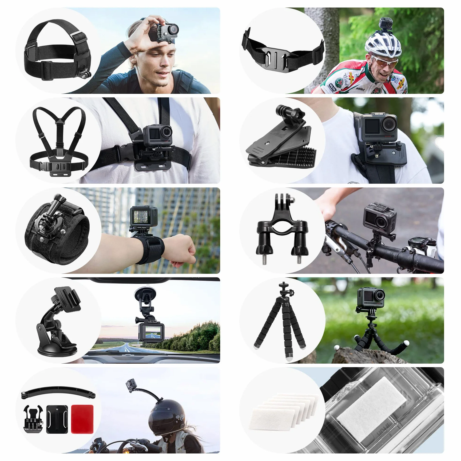 AKASO Kit d'accessoires pour caméra d'action 60 en 1 avec Sac de Collecte Compatible EK7000 EK7000 Pro Brave 4 Brave 7 Le Brave 7 V50X V50 Pro V50 Elite GoPro Hero 11 10 9 8 7 DJI Apexcam