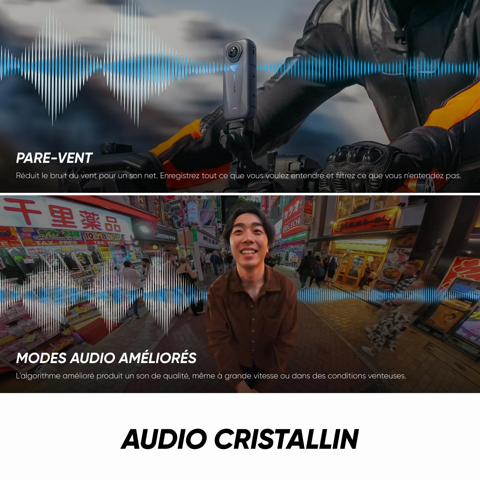 Insta360 X4 Air Pack démarrage Noir Graphite Caméra 360 8K étanche légère 165g Perche Selfie Invisible objectifs remplaçables Pare-Vent dashcam Moto