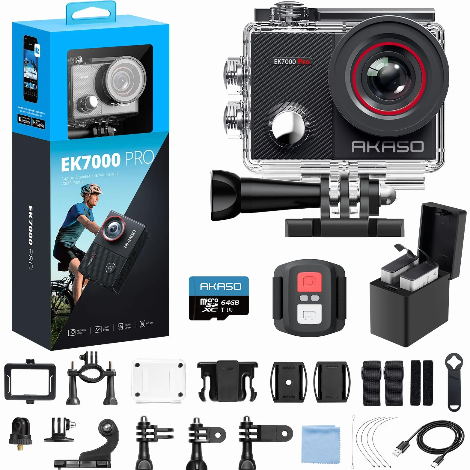 AKASO EK7000 Pro Caméra Sport 4K 64GB WiFi Action Caméra Sportive avec Ecran Tactile EIS Télécommande 170° Angle Réglable Étanche 40M 2 Batteries