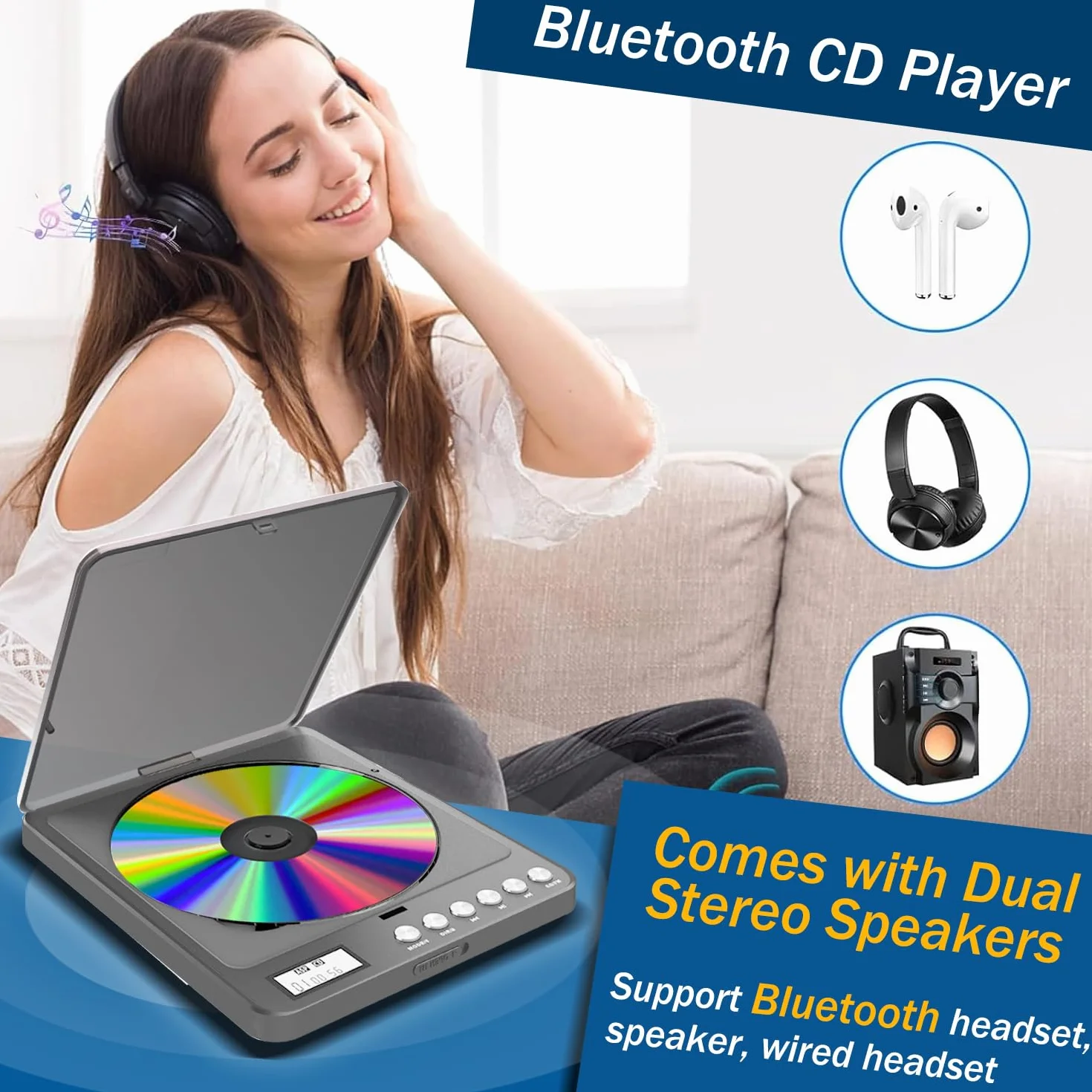 CCHKFEI Lecteur CD Portable Bluetooth Rechargeable Transmetteur FM Antichoc Double Prise Casque 3.5mm