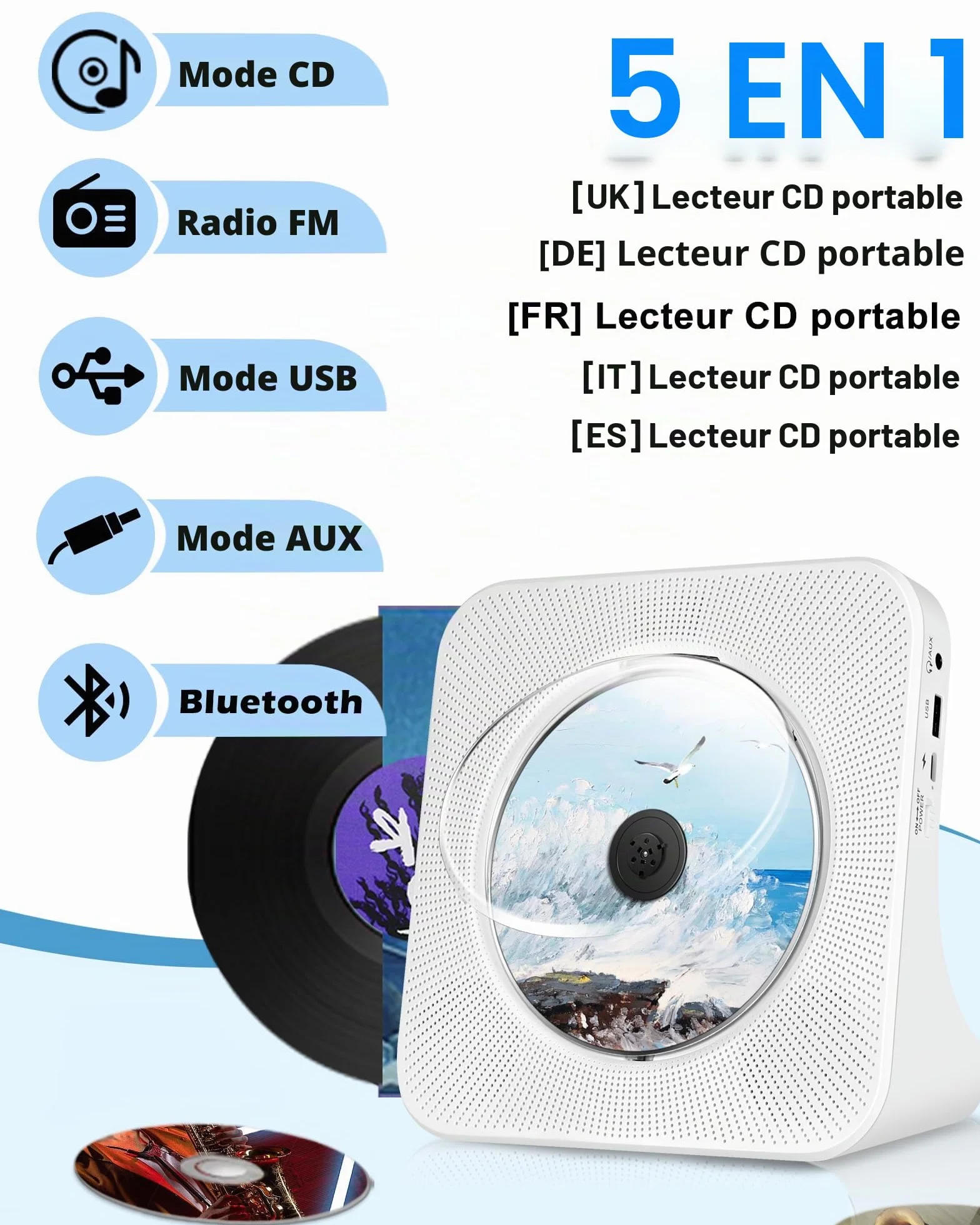 Lecteur CD Portable Rechargeable Bluetooth HiFi avec USB AUX FM Radio Blanc