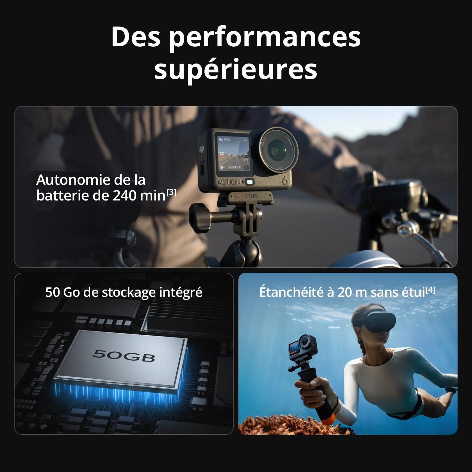 DJI Osmo Action 6 caméra d’action sous-marine 8K stockage 50 Go ouverture variable f/2,0 à f/4,0 deux batteries