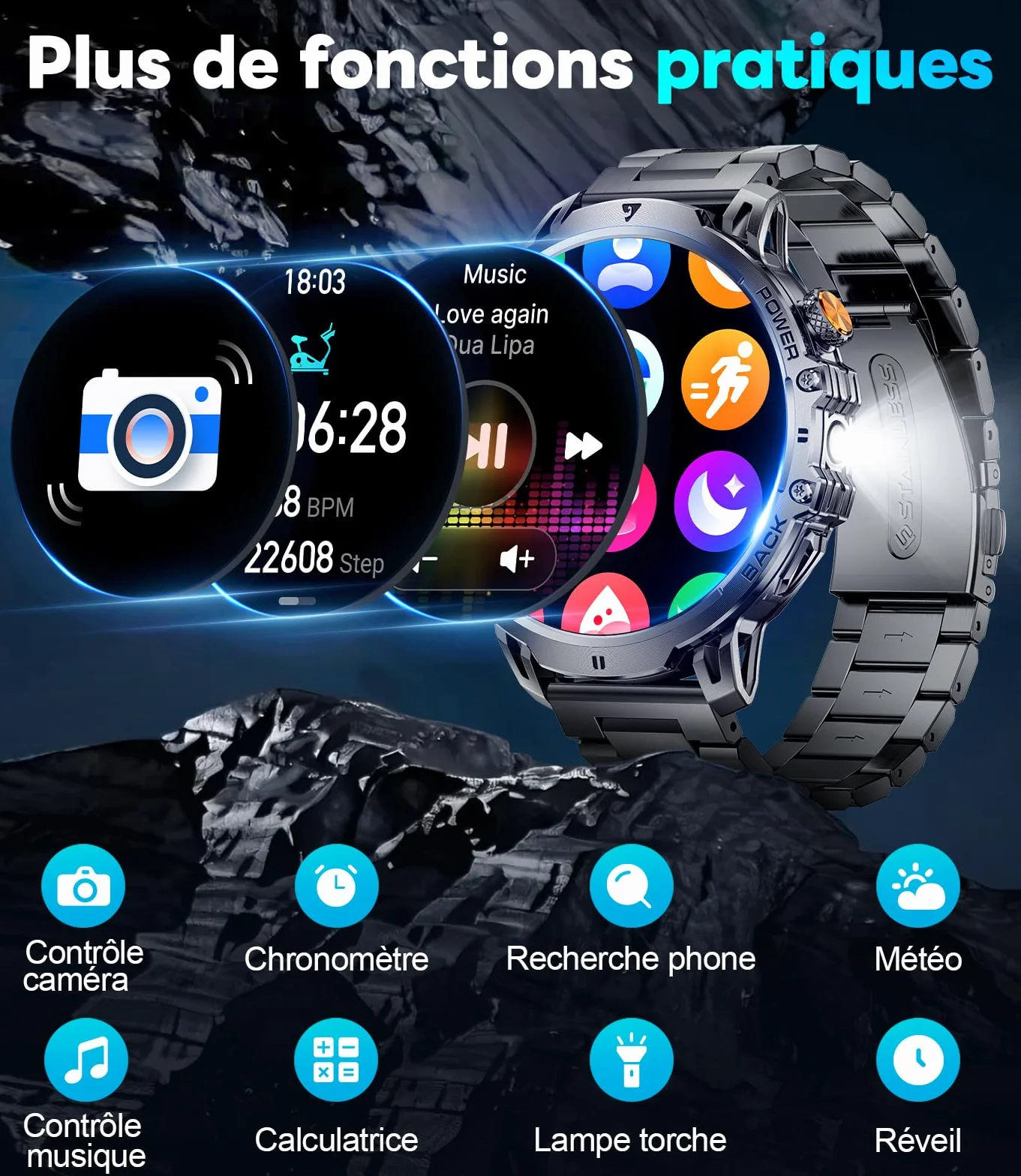 LIGE Montre Connectée Homme 1,85" HD Grand Écran LED Lampe Smartwatch Moniteur Fréquence Cardiaque Sommeil 110+ Modes Sportifs IP68 Étanche Noir
