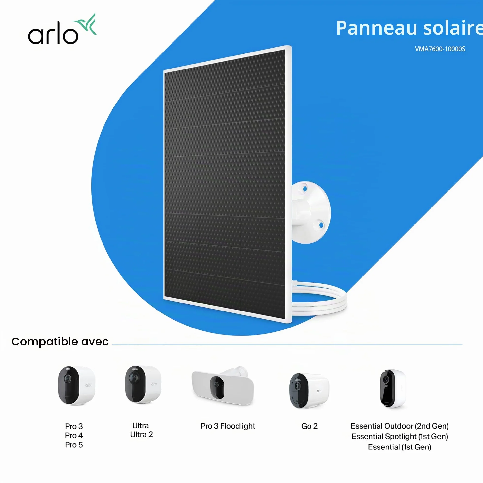 Arlo Chargeur de panneau solaire Accessoire certifié Résistant aux intempéries blanc