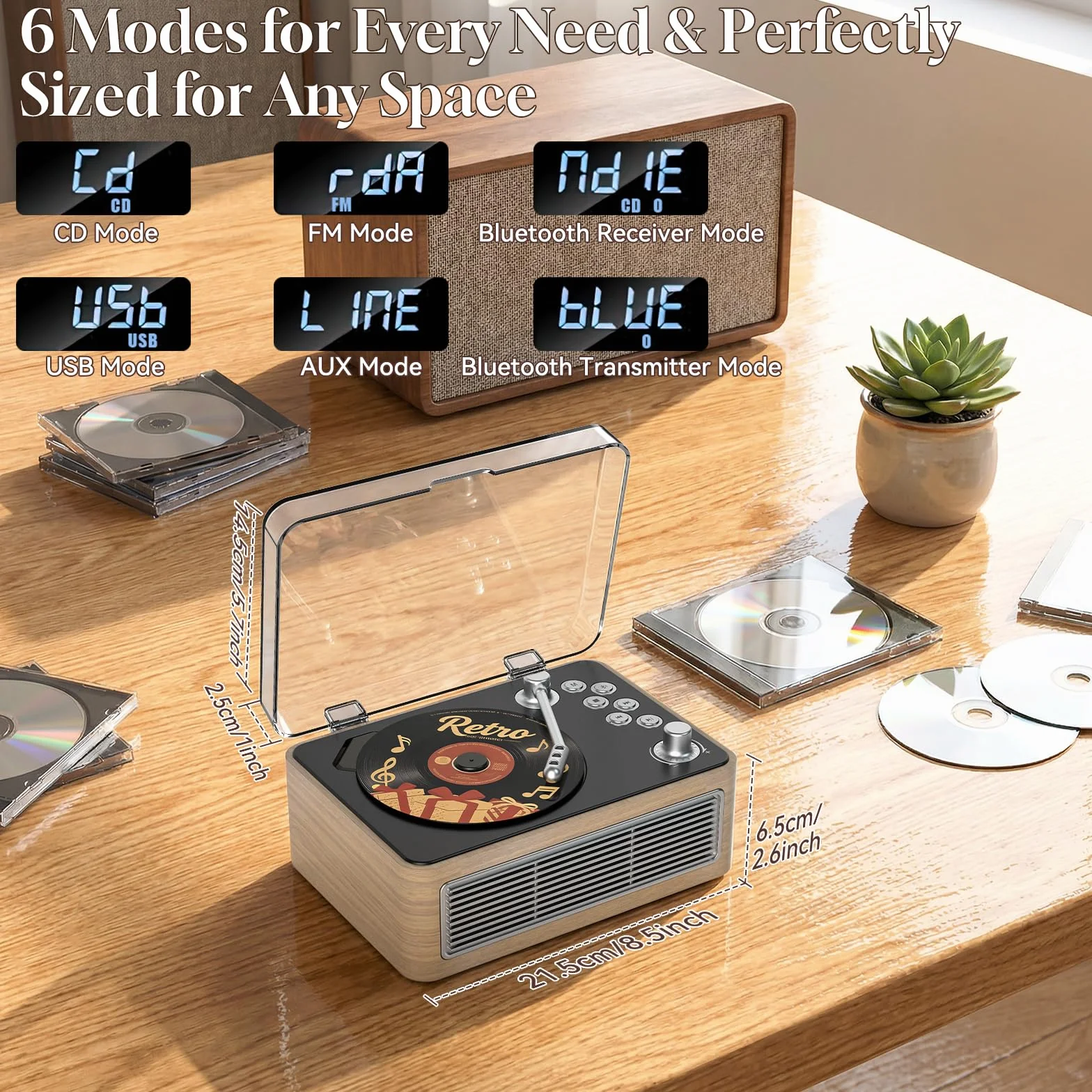 Lecteur CD Portable Bluetooth Rétro avec Batterie 3600 mAh Radio Télécommande Chêne