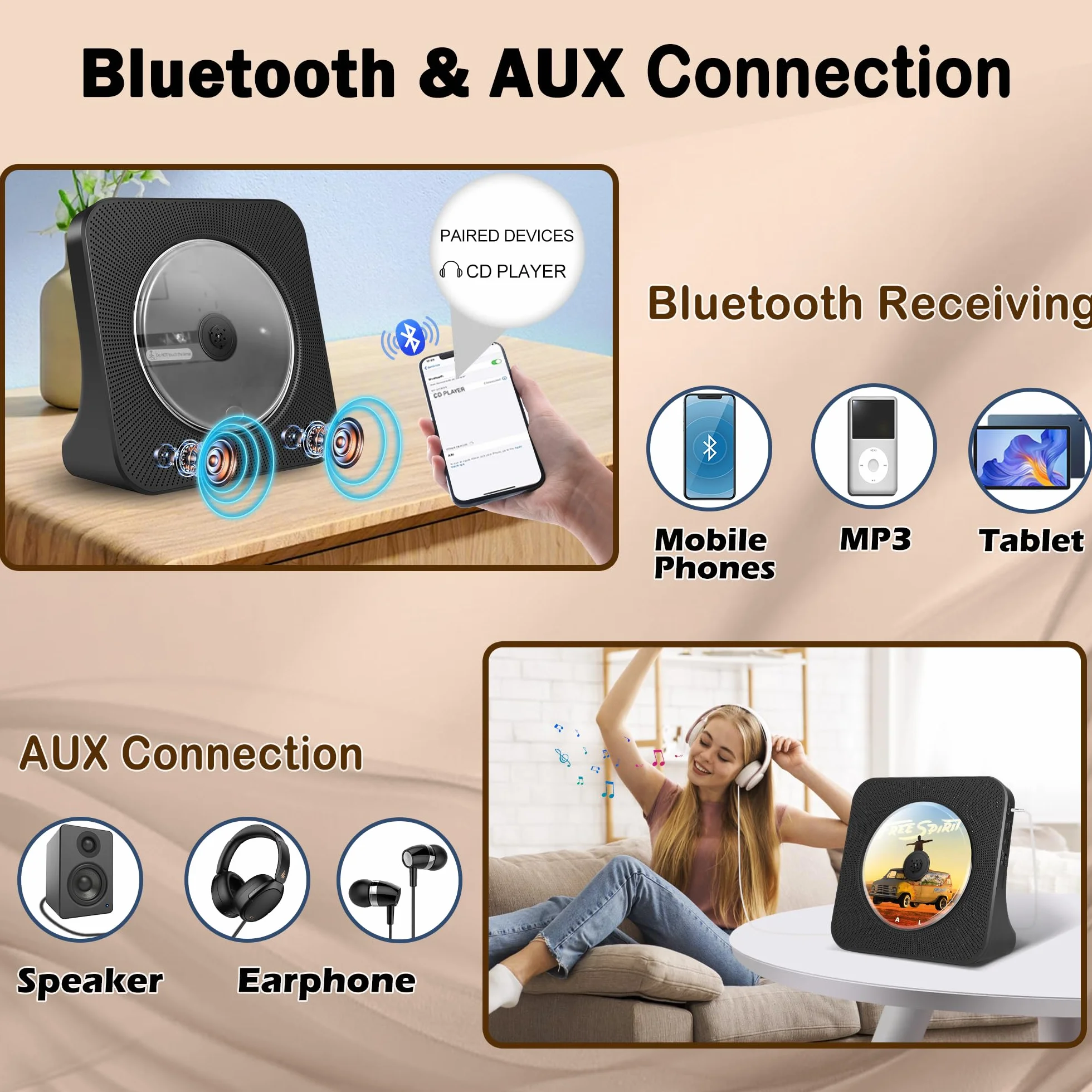 Lecteur CD Portable Bluetooth 4000mAh Rechargeable Voiture HiFi avec Télécommande USB AUX FM Radio Noir