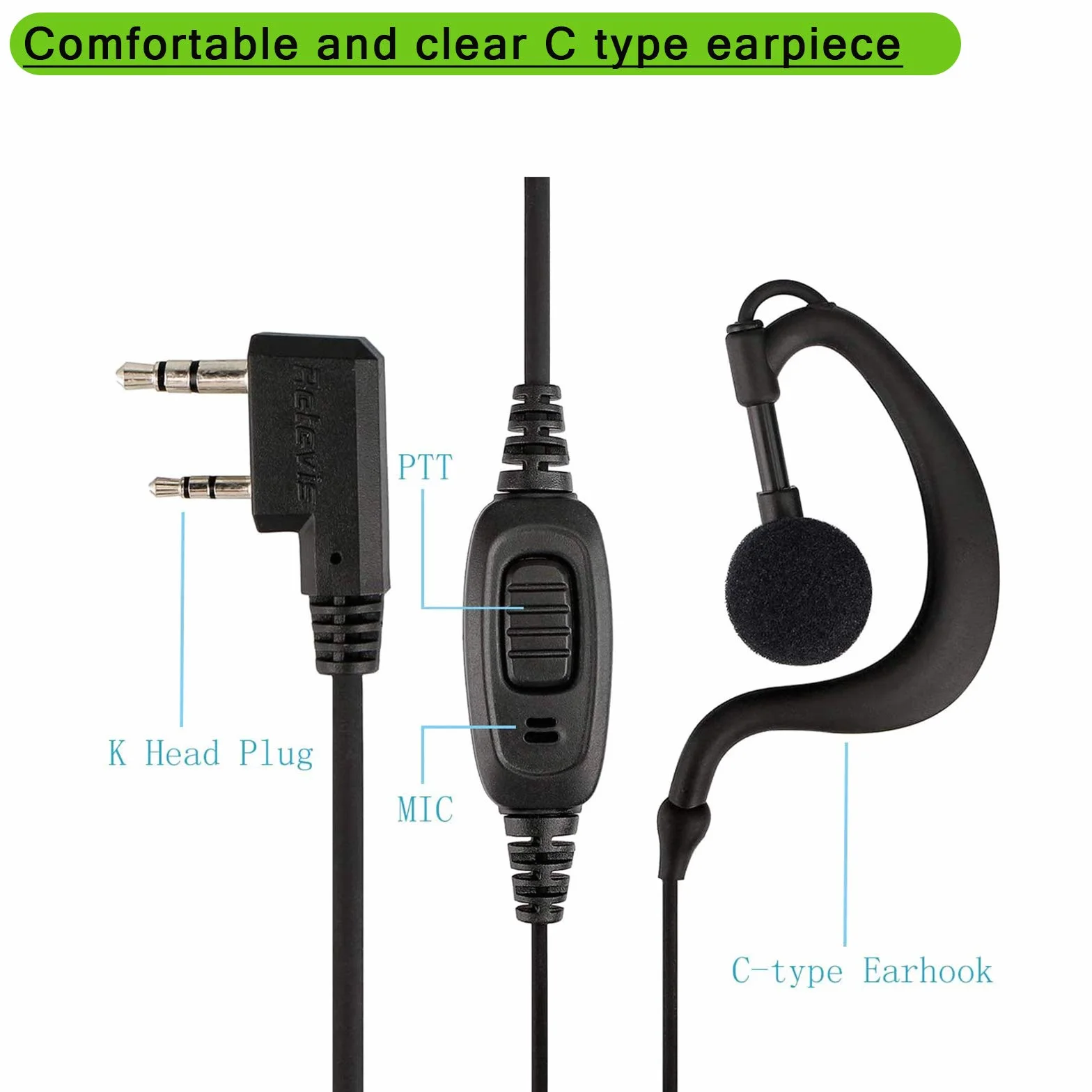 Retevis RE3120 Oreillette Talkie Walkie Type C 2 Broches Casque Compatible RT24 RT27 RT22 BaoFeng BF-888S Kenwood 10 Pièces