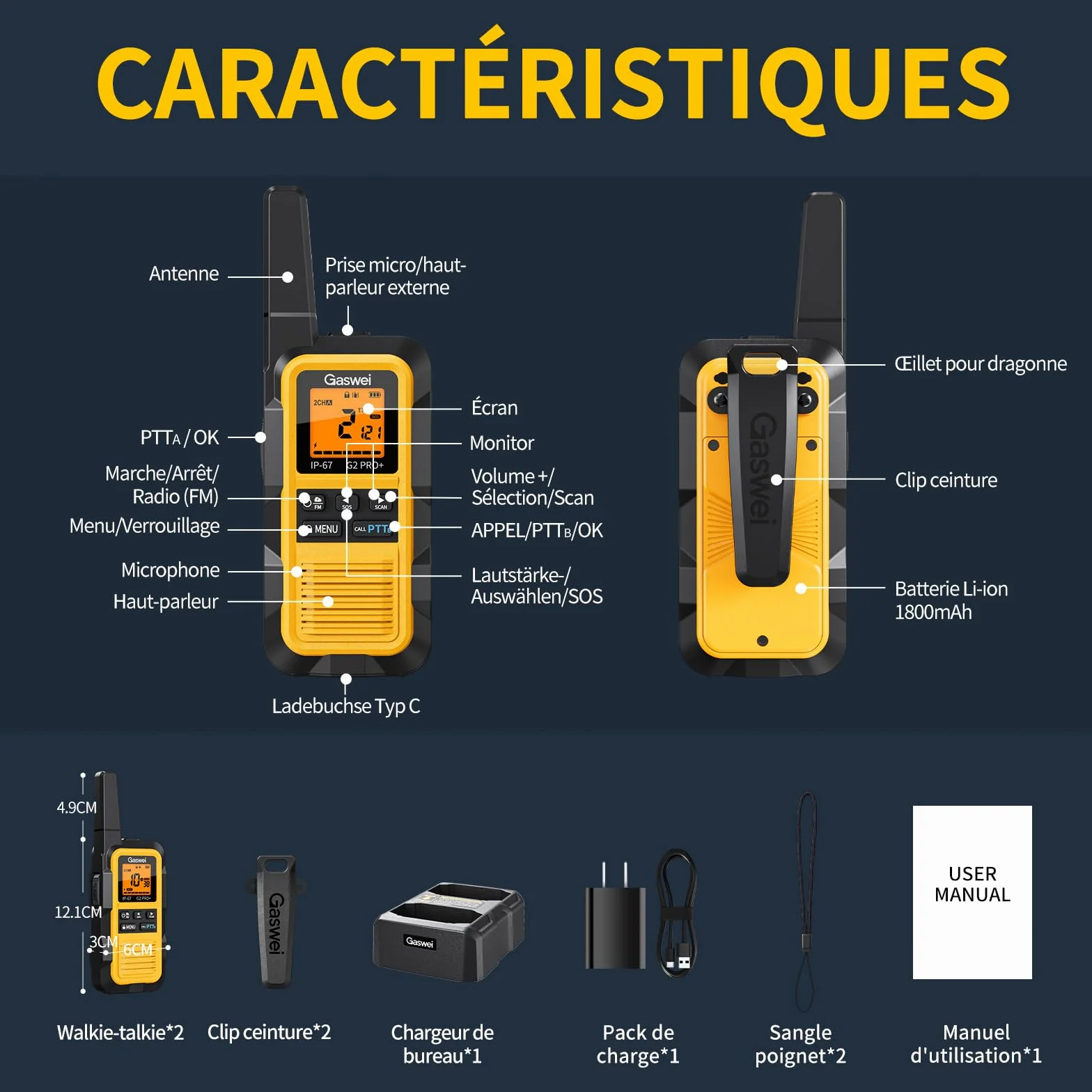 GASWEI G2Pro Talkie walkie Professionnel IP67 PMR446 Longue portée Double PTT VOX SOS Alerte Radio FM USB Chargeur 1800 mAh Lot de 2 Gelb