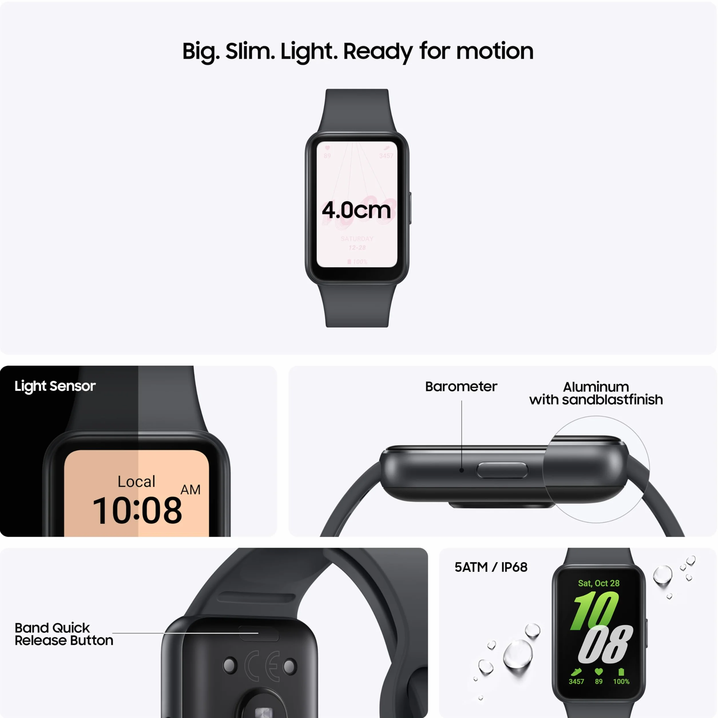 Samsung Galaxy Fit3 Montre connectée AMOLED 40 mm aluminium suivi activité santé batterie 13 jours charge rapide 5 ATM gris