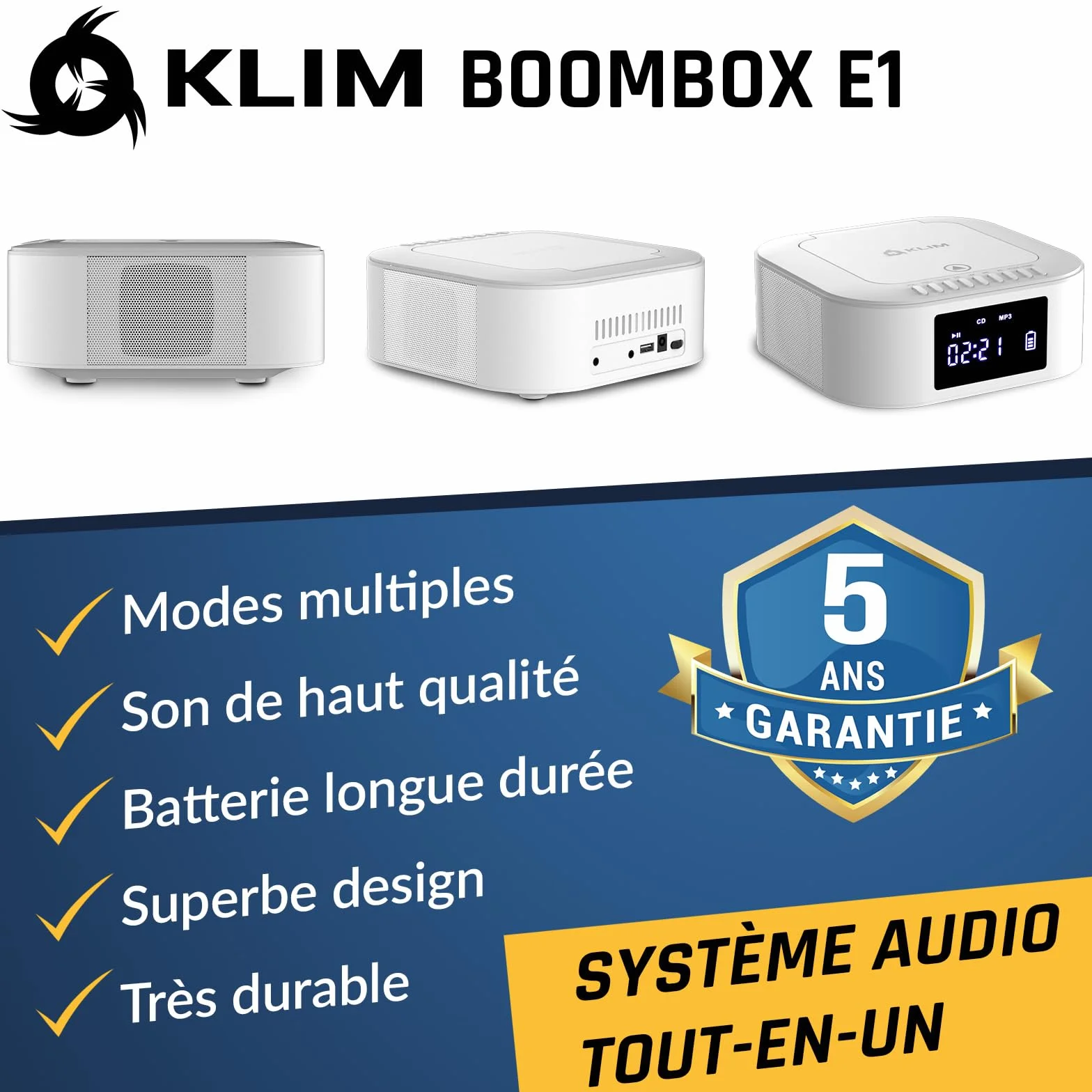 KLIM Boombox E1 Radio CD Portable Extra Bass Subwoofer FM Bluetooth USB MP3 Filaire sans Fil Piles Rechargeables Télécommande Blanc