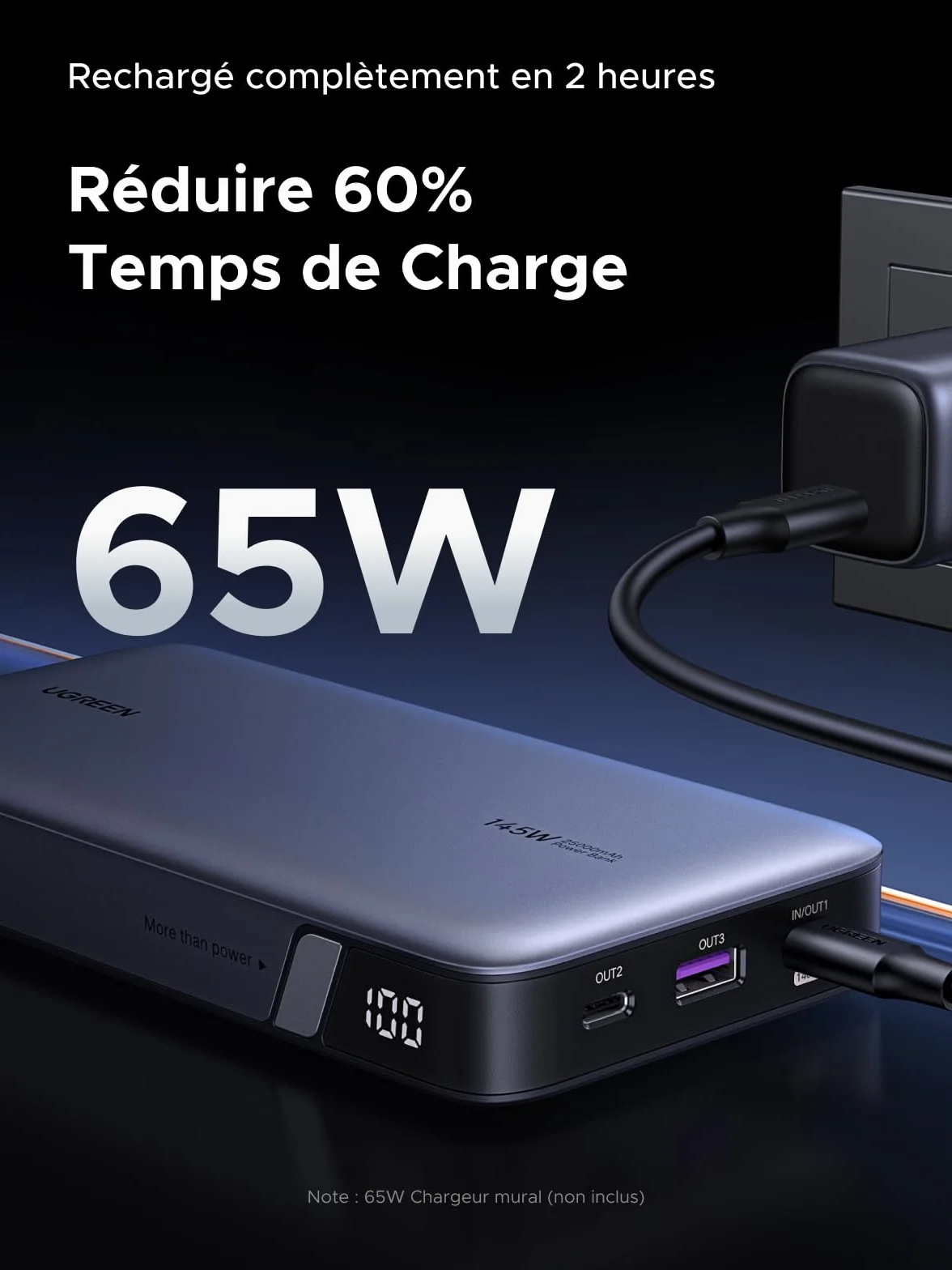 UGREEN Nexode 145W Power Bank 25000mAh USB C PD3.1 140W 3 Ports Chargeur Portable PC LED