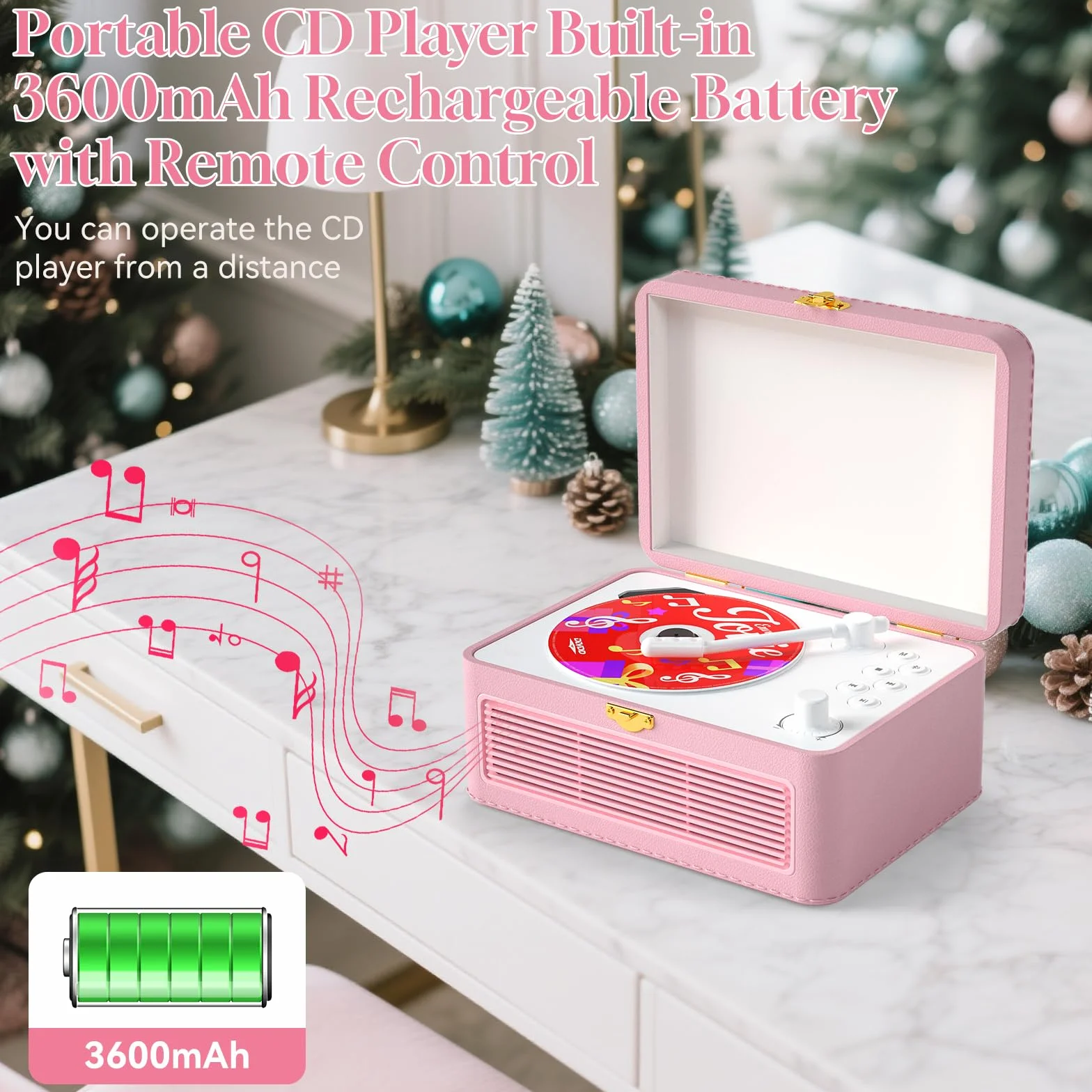 Lecteur CD Cuir Portable Bluetooth 3600mAh Rechargeable avec Haut-Parleurs, Support USB AUX, Télécommande, Design Valise Rétro Rose