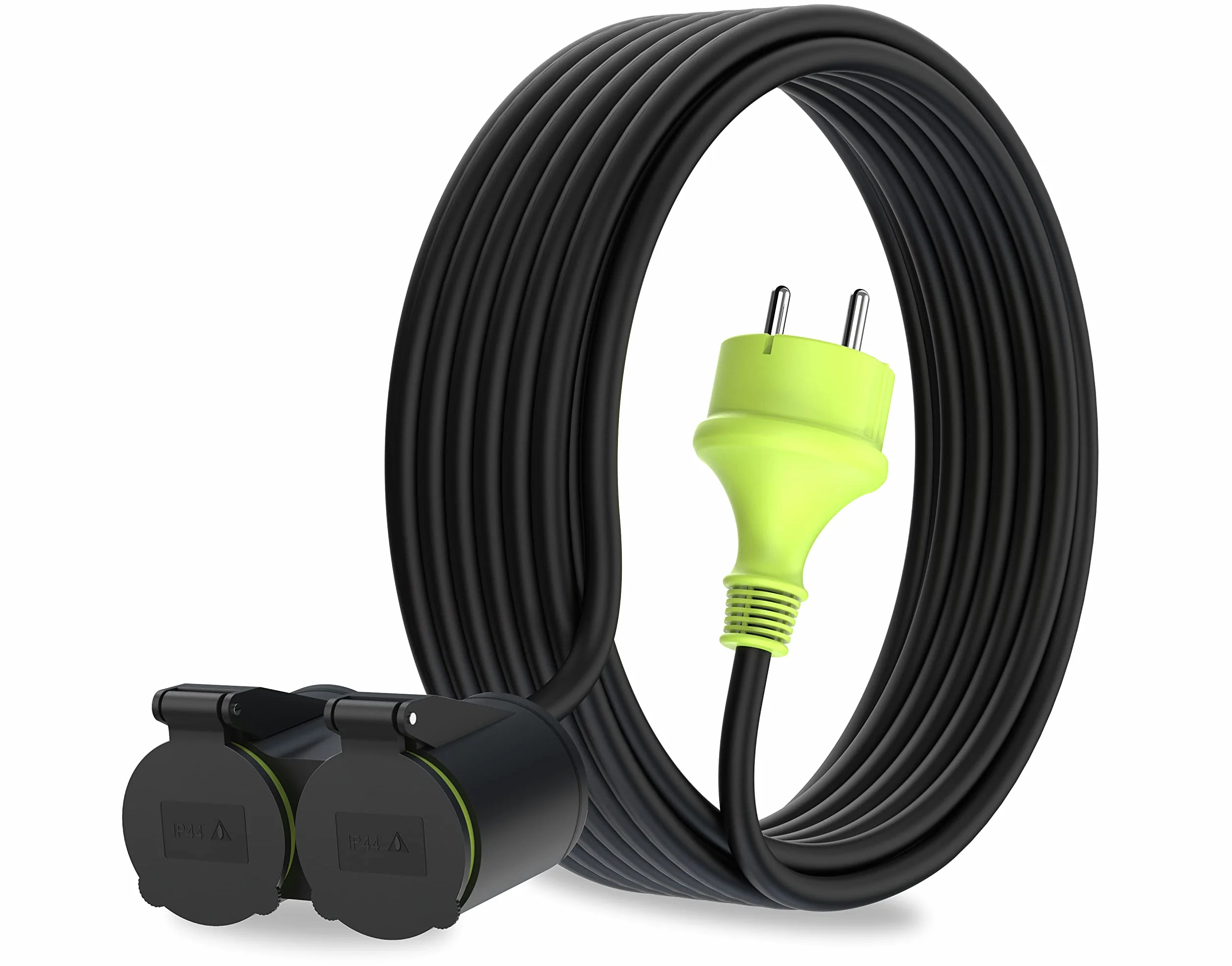 MutecPower Rallonge électrique extérieur 10m 2 Prises Schuko IP44 H05RR-F3G 1,5 mm² Noir/Vert