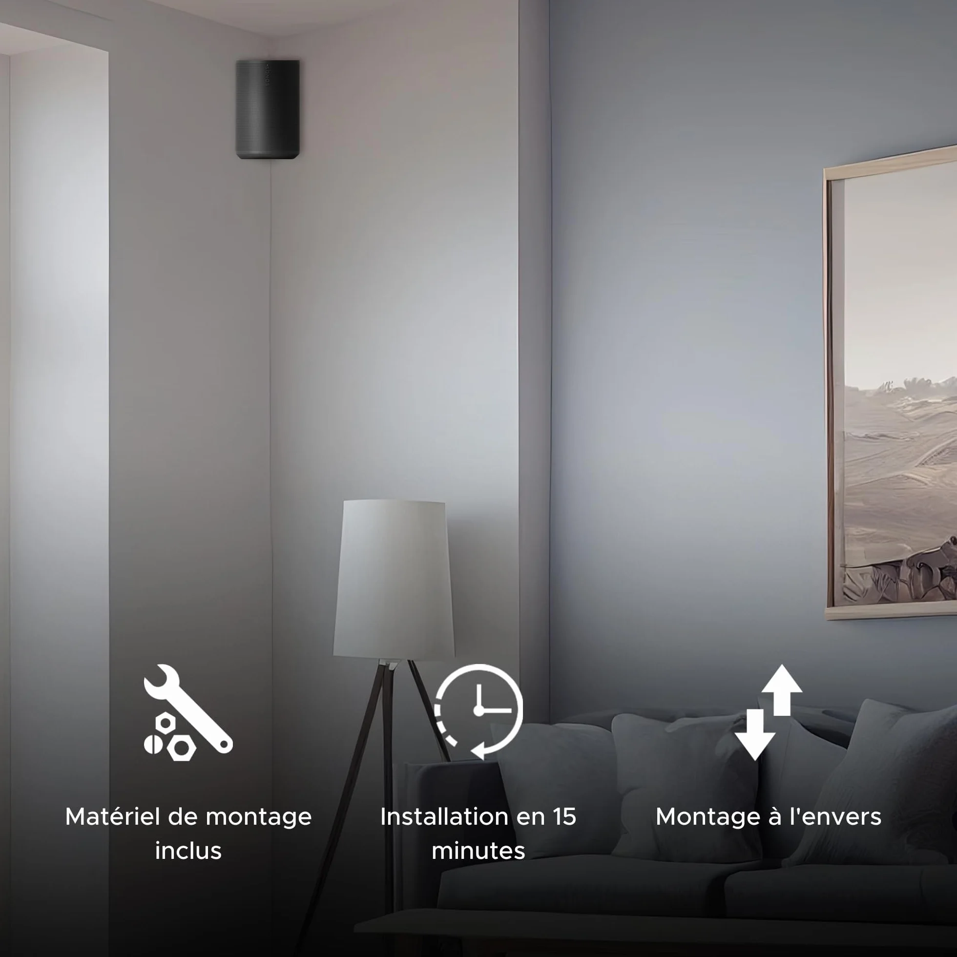 Support Mural d’Angle Era 100 pour Sonos ERA100 & Era 100 SL, Profil Bas Noir, Kit de Montage Inclus