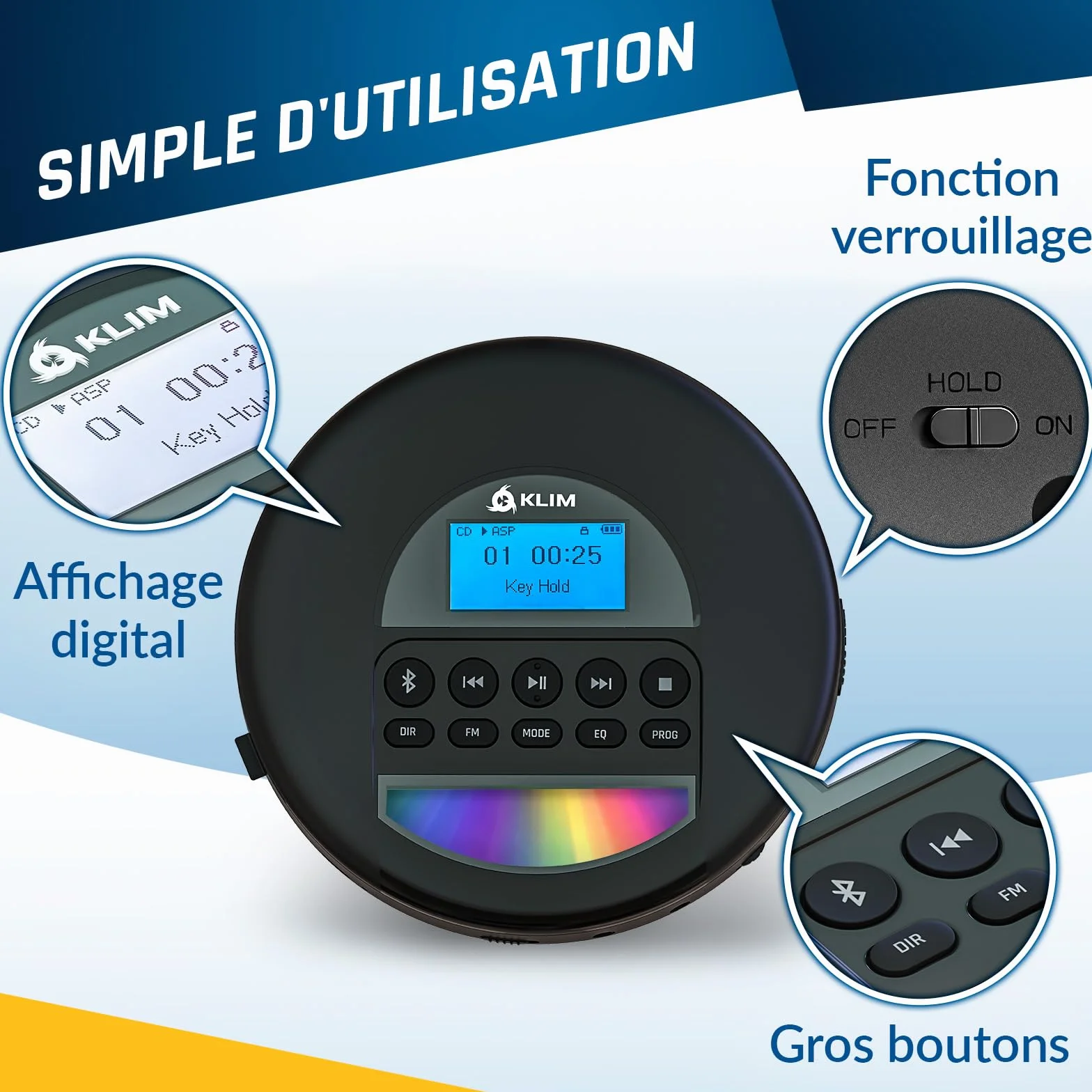 KLIM Nomad Lecteur CD Portable Bluetooth avec Batterie Intégrée, Compatible CD-R/CD-RW/MP3, Noir