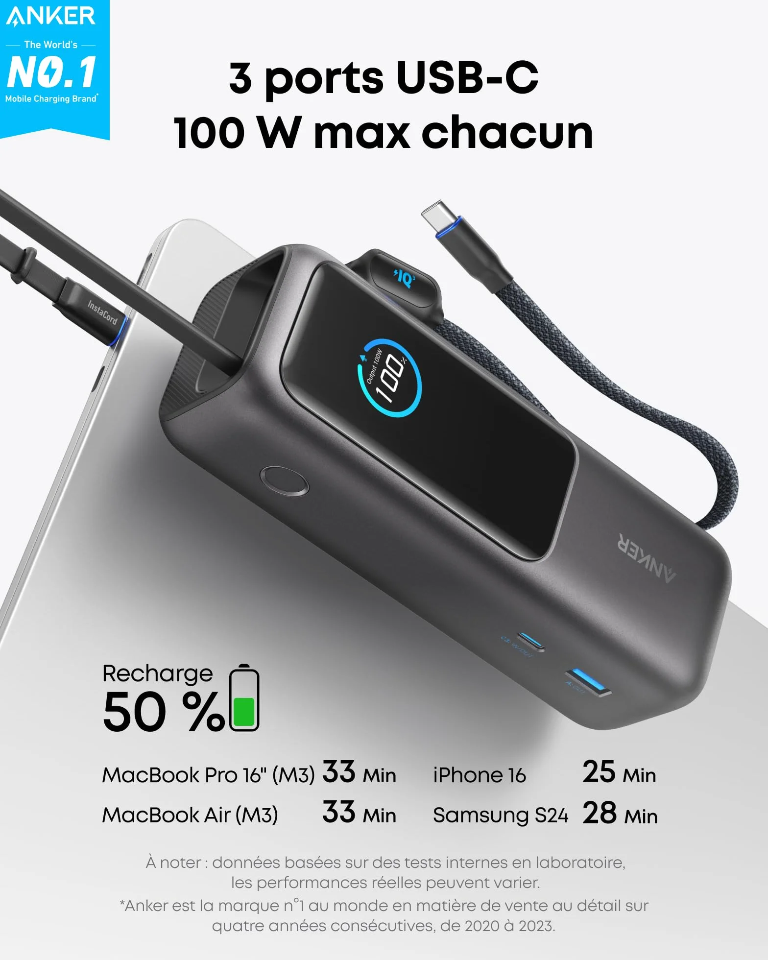 Anker Batterie Externe 25000mAh 165W 3 Ports USB C pour Ordinateurs Portables iPhone MacBook Samsung