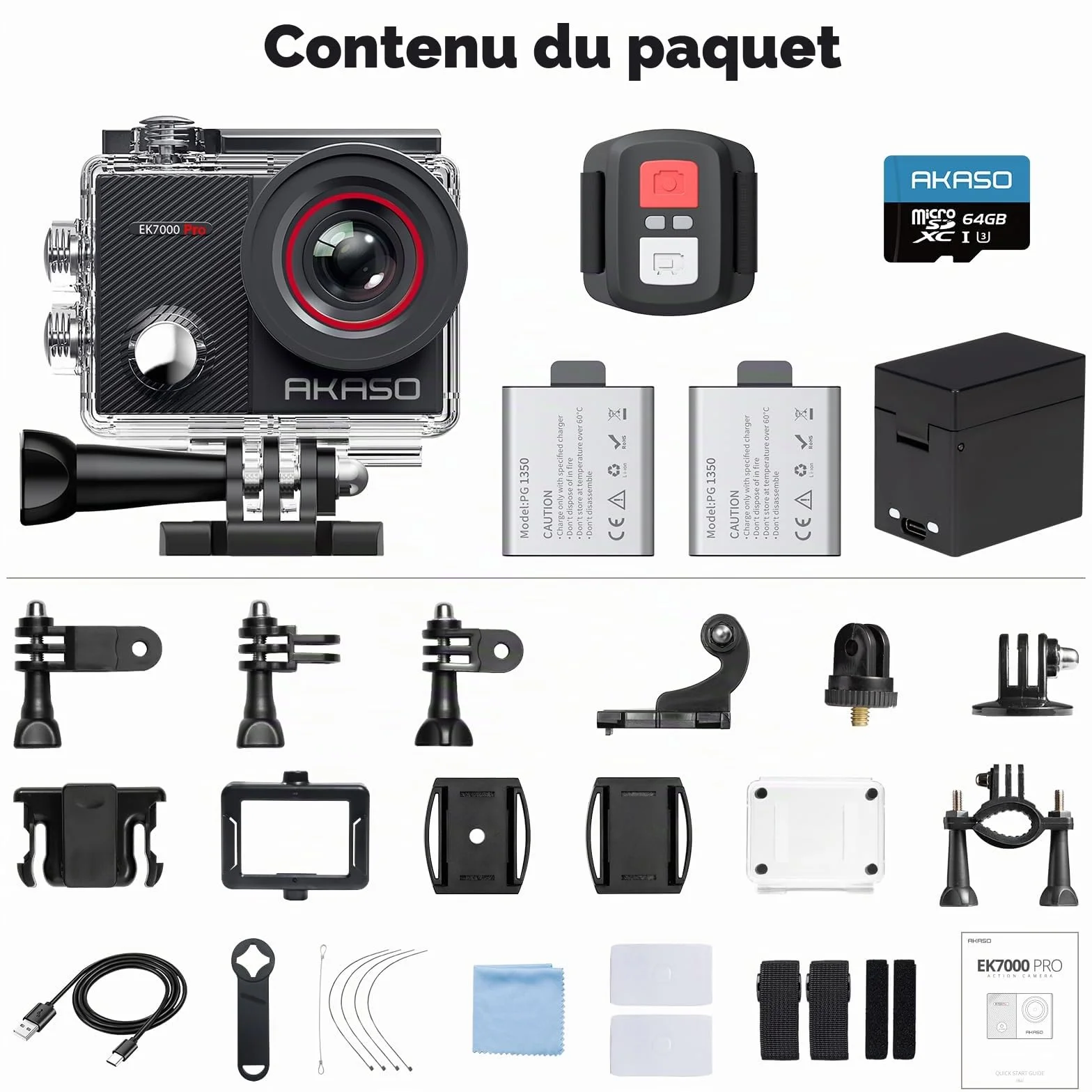 AKASO EK7000 Pro Caméra Sport 4K 64GB WiFi Action Caméra Sportive avec Ecran Tactile EIS Télécommande 170° Angle Réglable Étanche 40M 2 Batteries